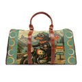 Dachshund Biker Illustration Waterproof Travel Bag | Vintage Motorcycle, Mountains, Adventure