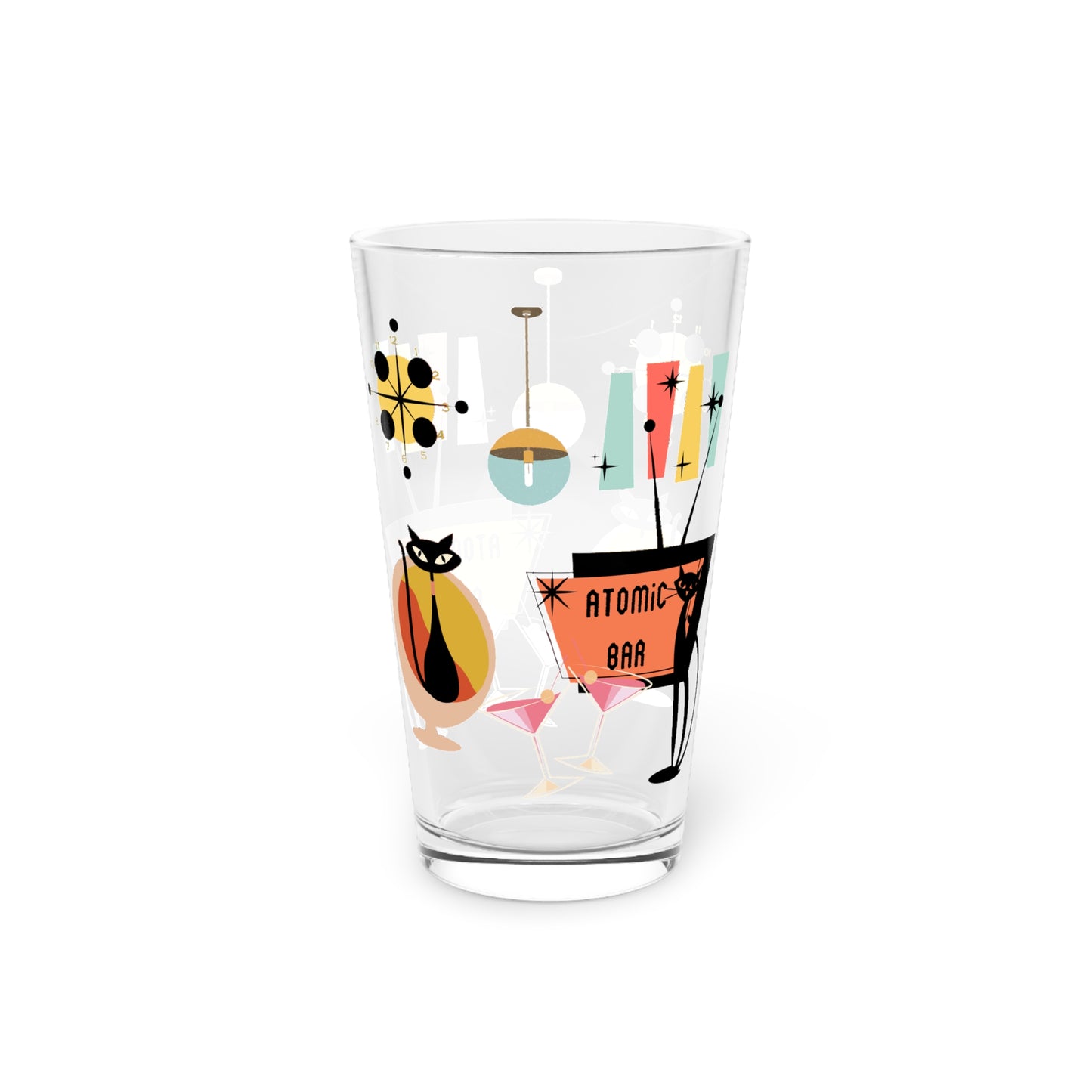 Atomic Bar retro cat Pint Glass, 16oz, retro party glasses, Mid Century barware, cocktail, beer, juice drinking glass,( PRICE PER GLASS)