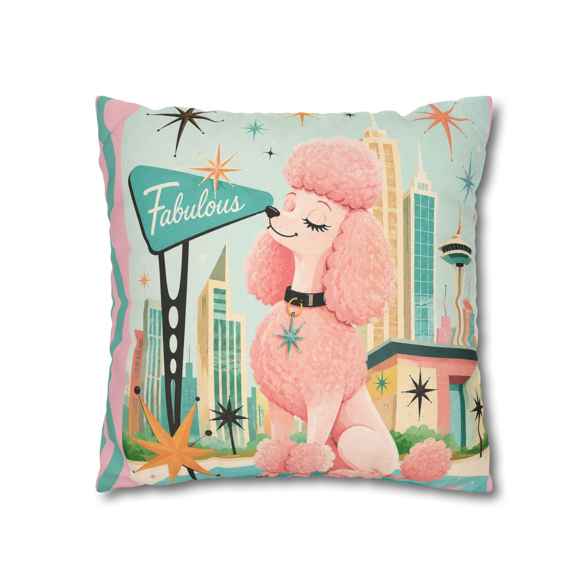 Fabulous Pink Poodle Pillowcase Spun Polyester Square Pillowcase | Retro Mid-Century Dog - COVER ONLY