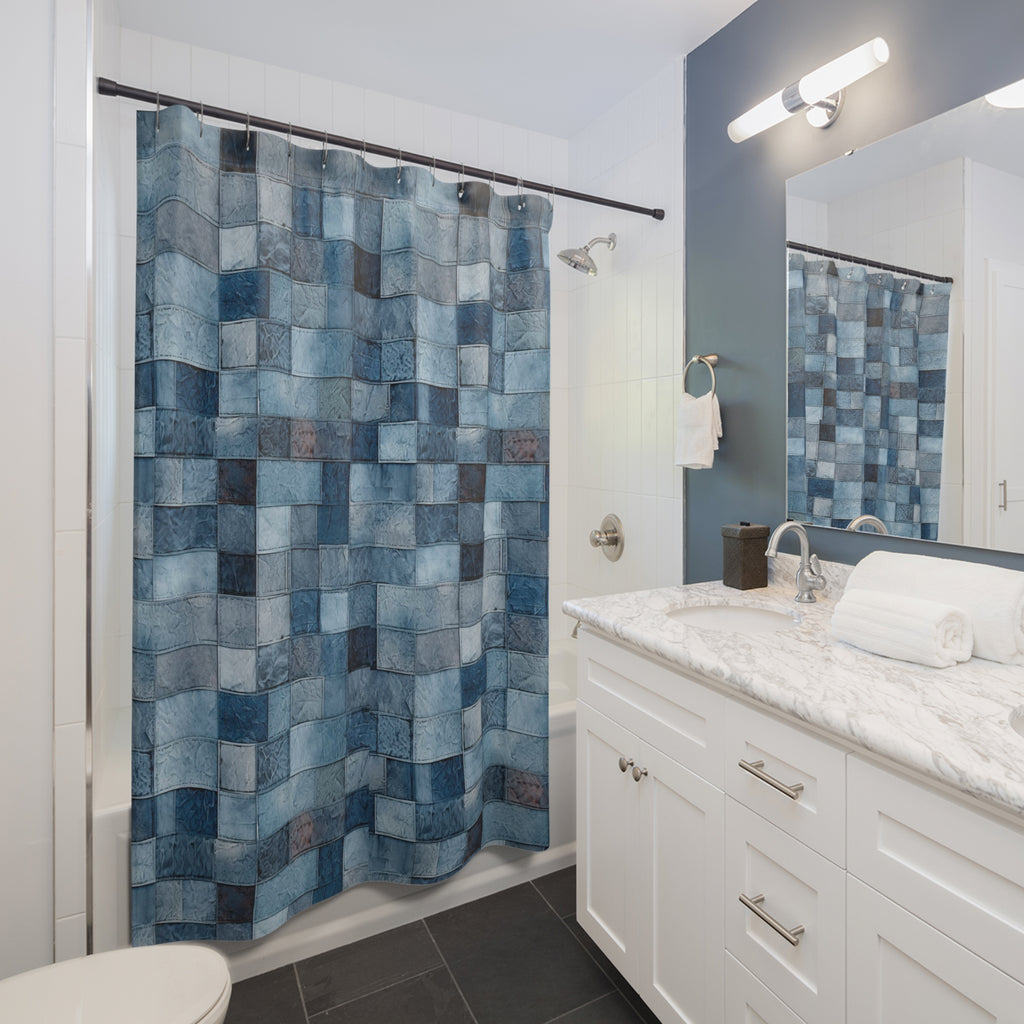 Denim blue patchwork look retro style Shower Curtain, bathtub stall curtain, vintage inspired design
