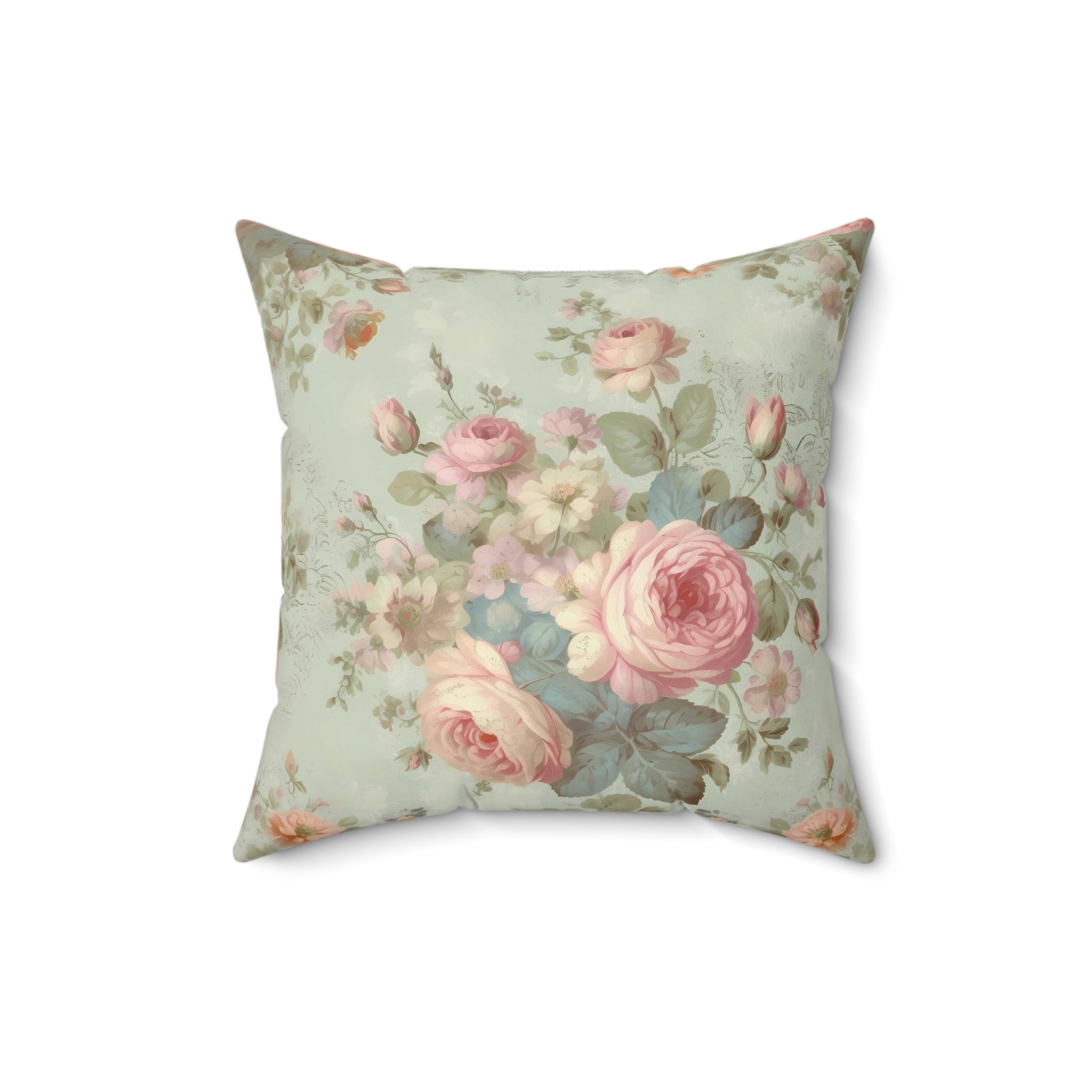 Pink roses mid tone background (blue, grey, green) shabby chic style Spun Polyester Square Pillow