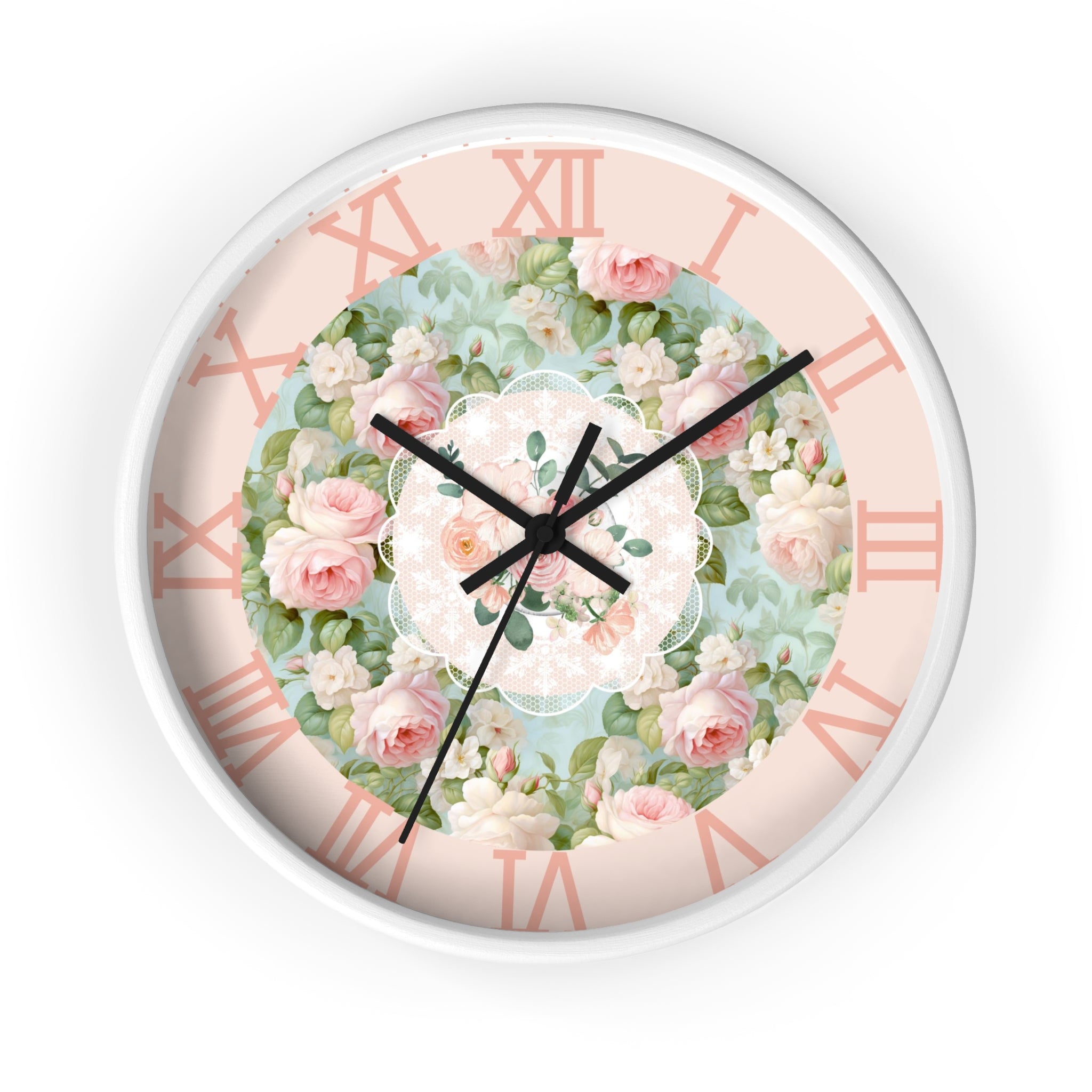 Shabby chic inspired pink rose Wall Clock, kitchen living room bedroom wall clock, silent mechanism
