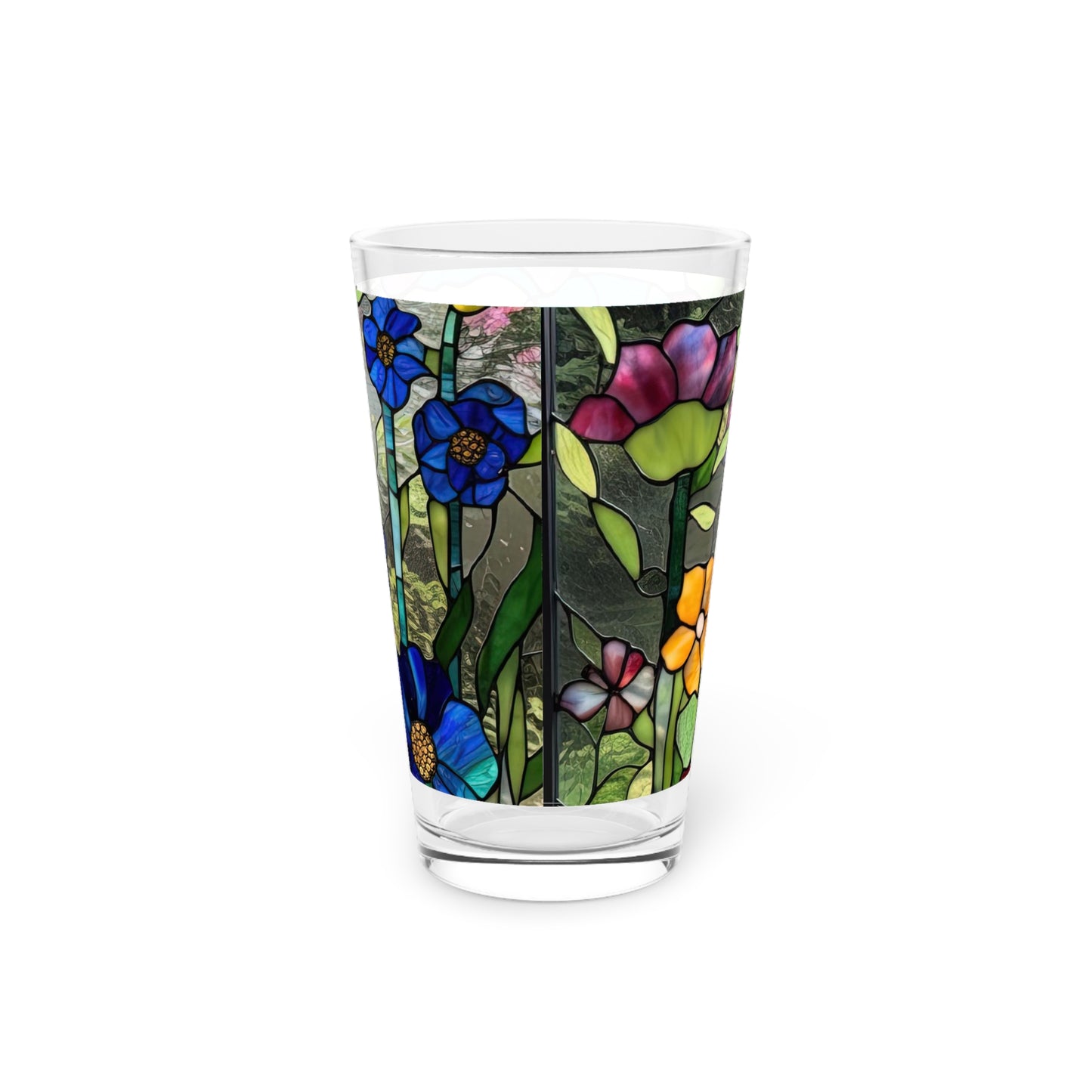 Garden flowers stained glass (look only)  Pint Glass, 16oz (Price is per glass)