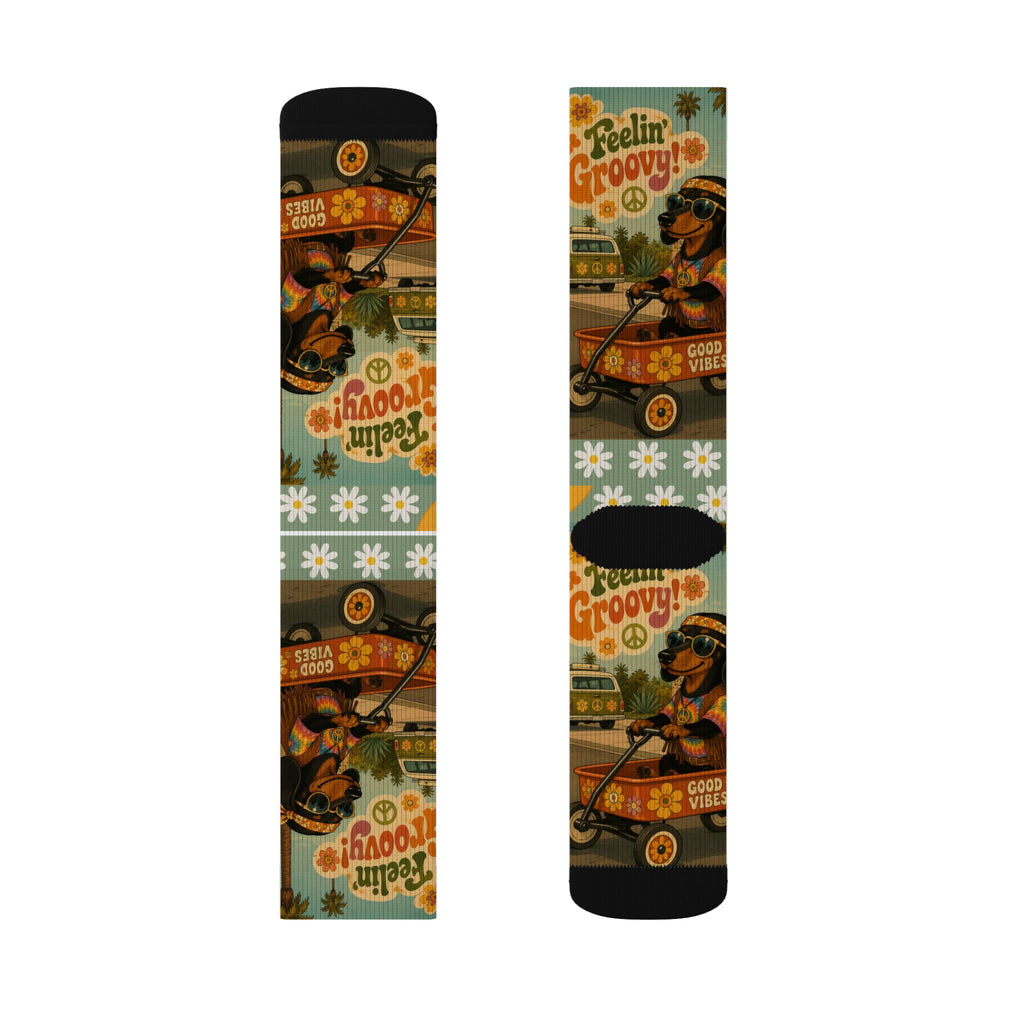 Feelin' Groovy Retro Dachshund Illustration Socks | Vintage Hippie Floral Pattern