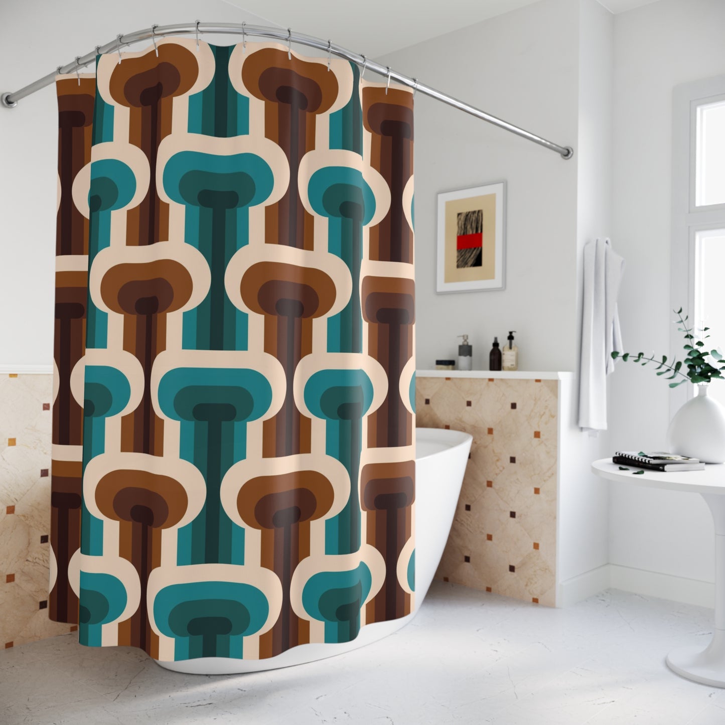 Retro blue and brown 60s 70s inspired pattern Shower Curtain