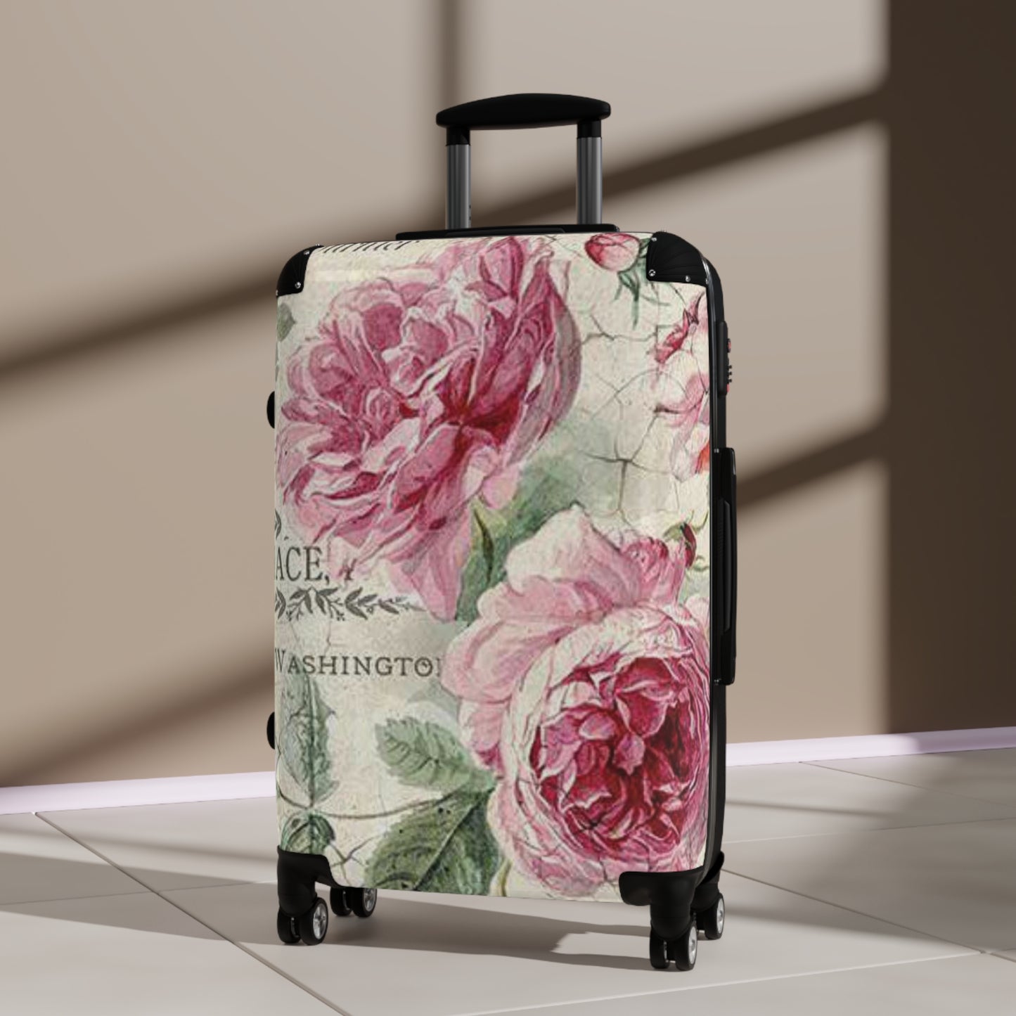 Vintage rose shabby chic style Suitcase on wheels, travel holiday luggage, carry on bag, lockable hard shell case