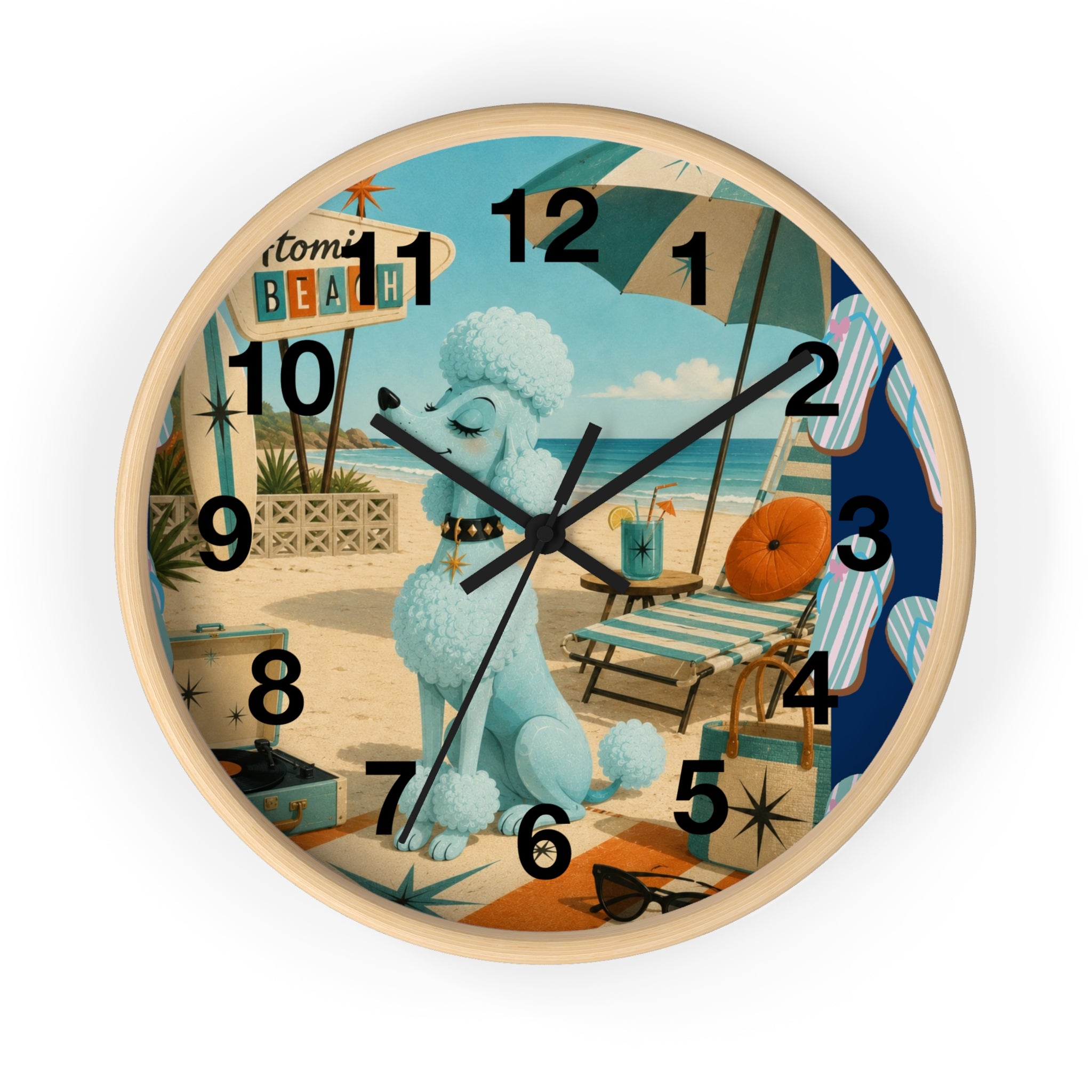 Retro Beach Poodle Wall Clock | Vintage Coastal Decor, Nautical Seaside Scene