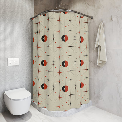 Mid century modern stars and circles retro shower curtain, MCM bathroom decor