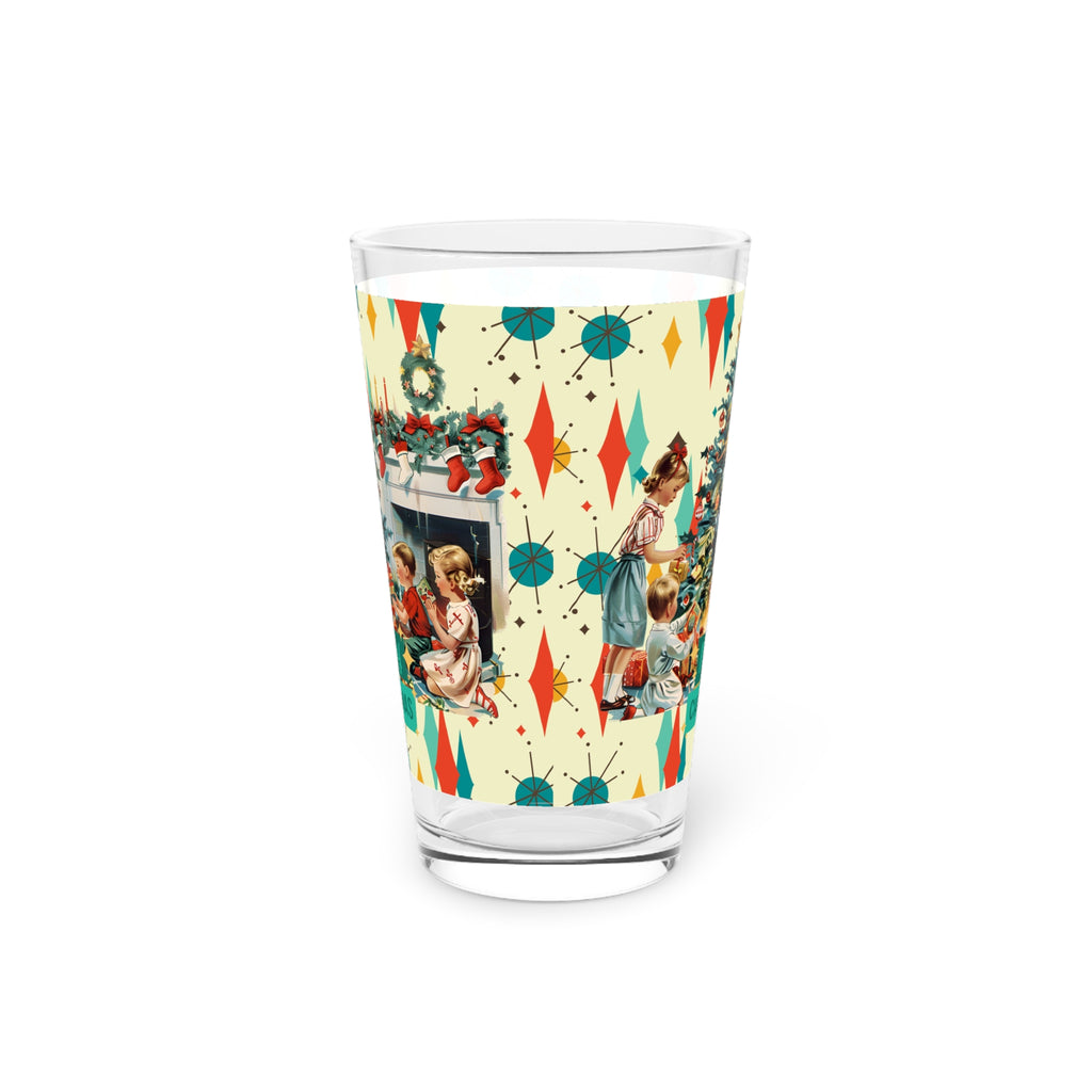 Merry Christmas pint glass, Retro Vintage 50s Franciscan Diamond Starburst Kitsch Christmas Card Art glass, Retro Vintage 16oz