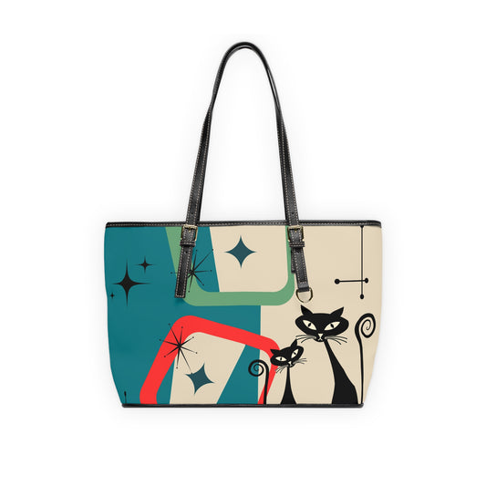 Atomic cat shapes shoulder bag, retro handbag, Mid Mod tote style, Mid Century Modern, black cat lover gift