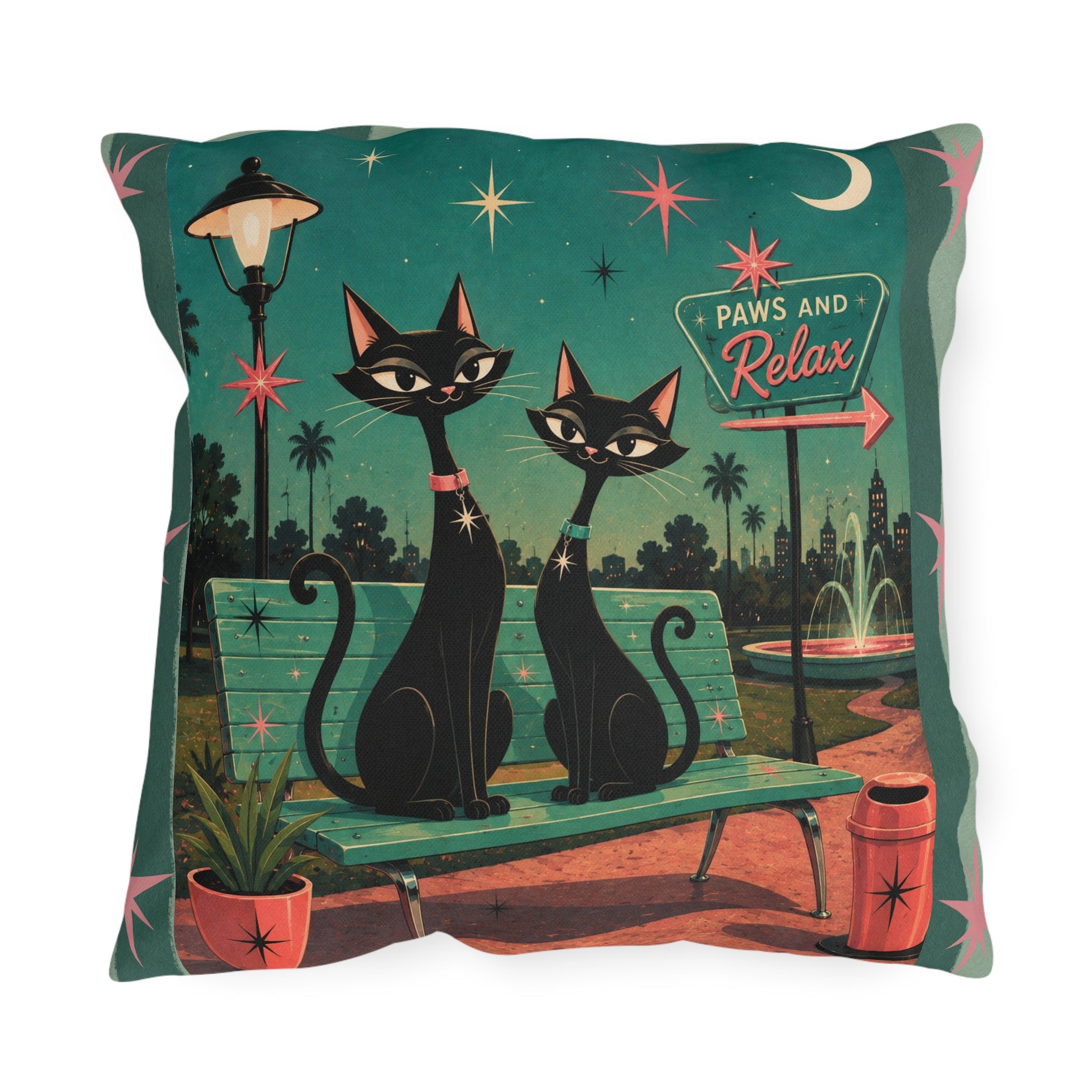 Retro Black Cats Outdoor Pillow | Mid Century Park 'Paws and Relax'