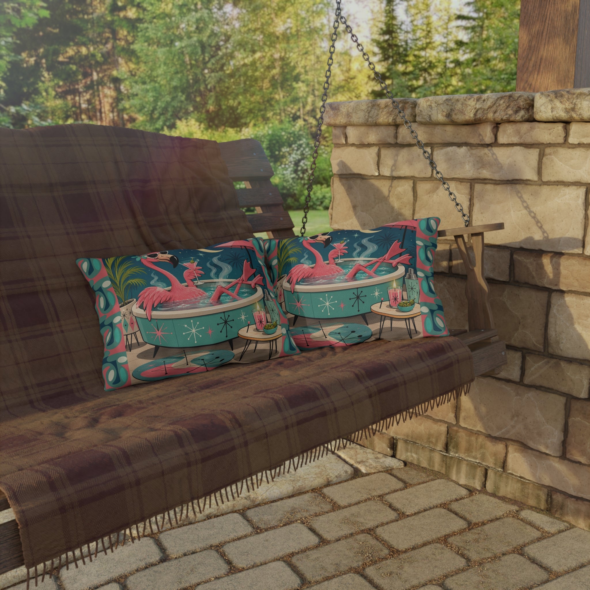 Retro Flamingo in Hot Tub Outdoor Pillow | Mid Century Tropical Patio Decor