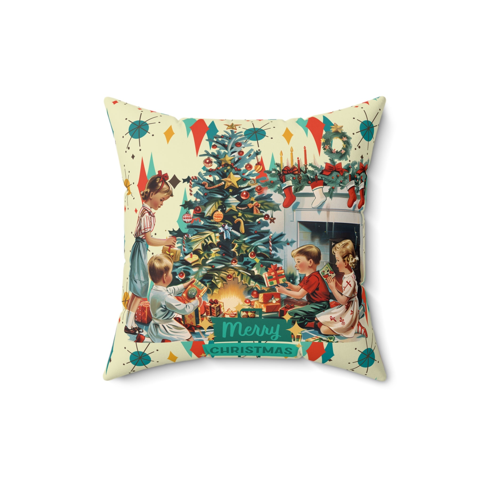 Merry Christmas pillow, Retro Vintage 50s Franciscan Diamond Starburst Kitsch Christmas Card Art Pillow, Retro Vintage 50s scatter cushion
