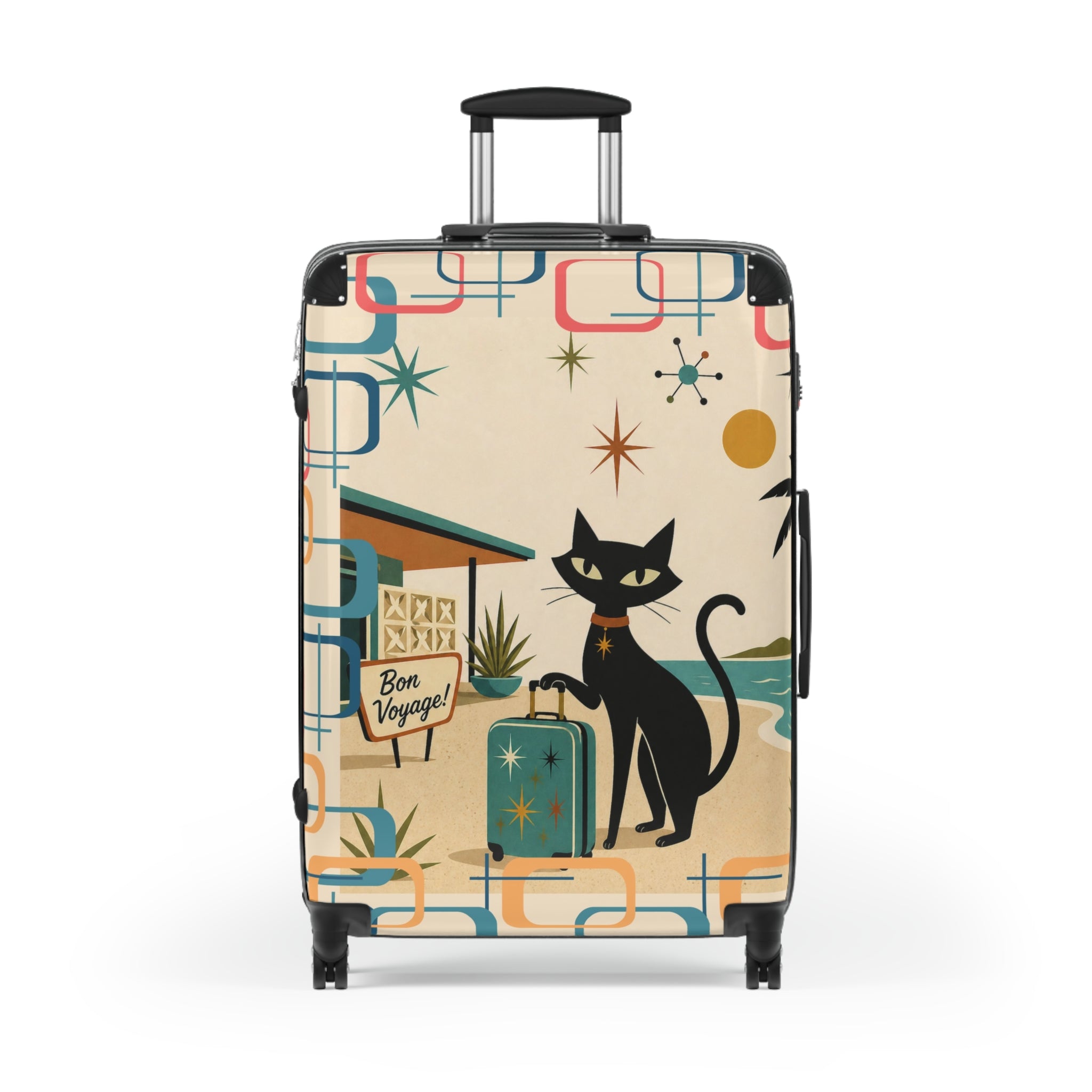 Retro Black Atomic Cat Beach Suitcase | Mid Century Travel Luggage