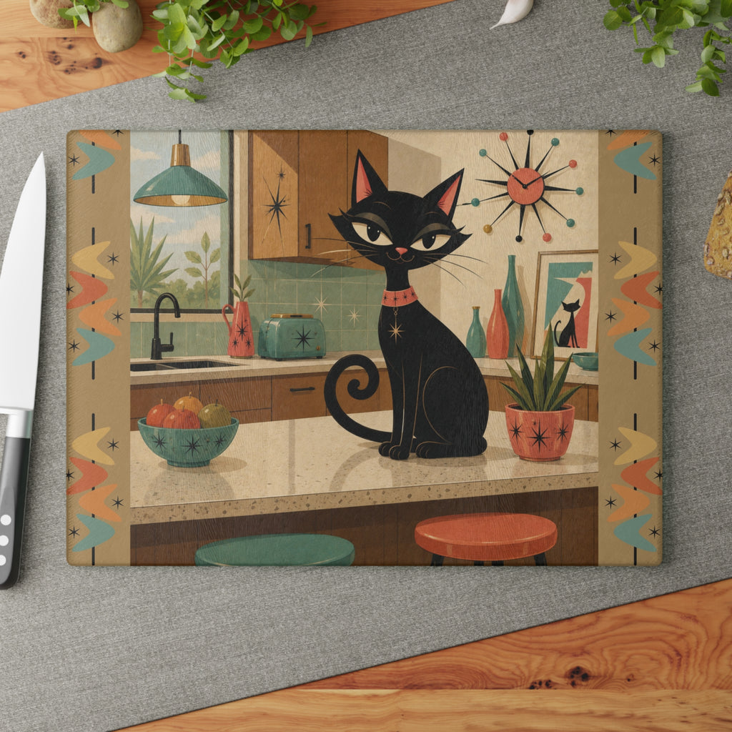 Retro Atomic Black Cat Kitchen Glass Cutting Board | Mid Century Cat Art