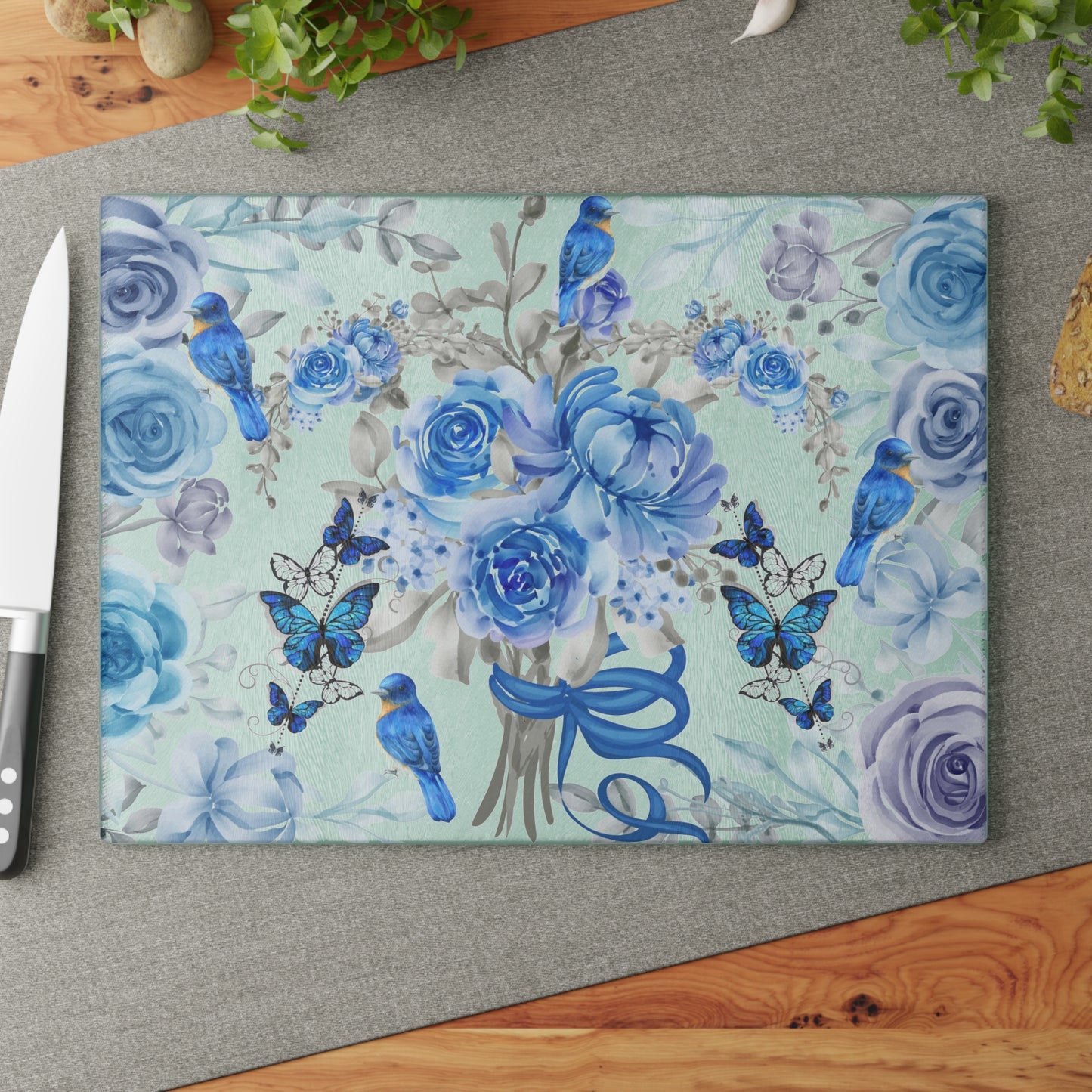 Blue and white, flowers, birds and butterflies, home decor, food preparation Glass Cutting Board