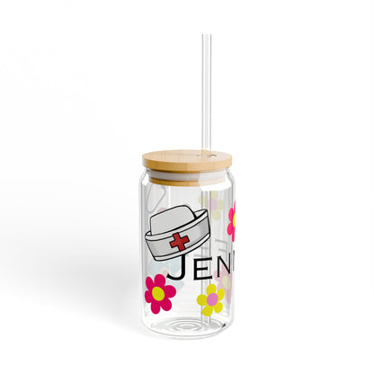 Nurse personalized Sipper Glass, 16oz, nurse gift, glass coffee cup, iced coffee glass, name glass with lid and straw