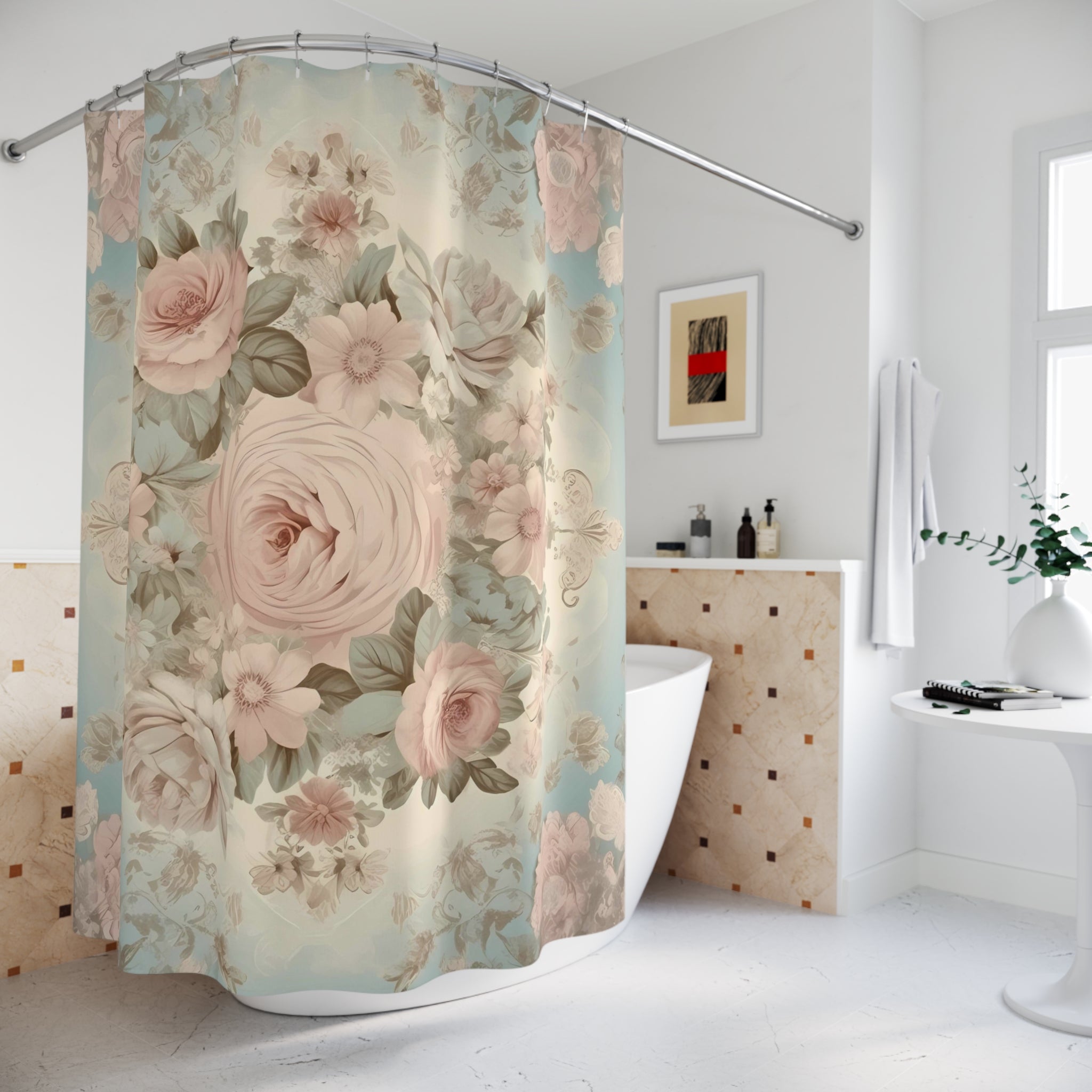 Vintage Pink rose bath decor shabby chic style shower curtain