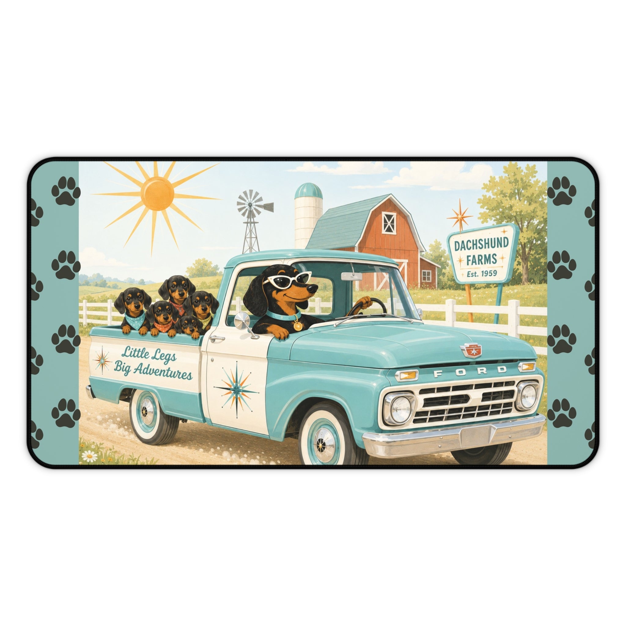 MCM Dachshund Farm Truck Desk Mat | Retro Puppy Road Trip Mouse Pad