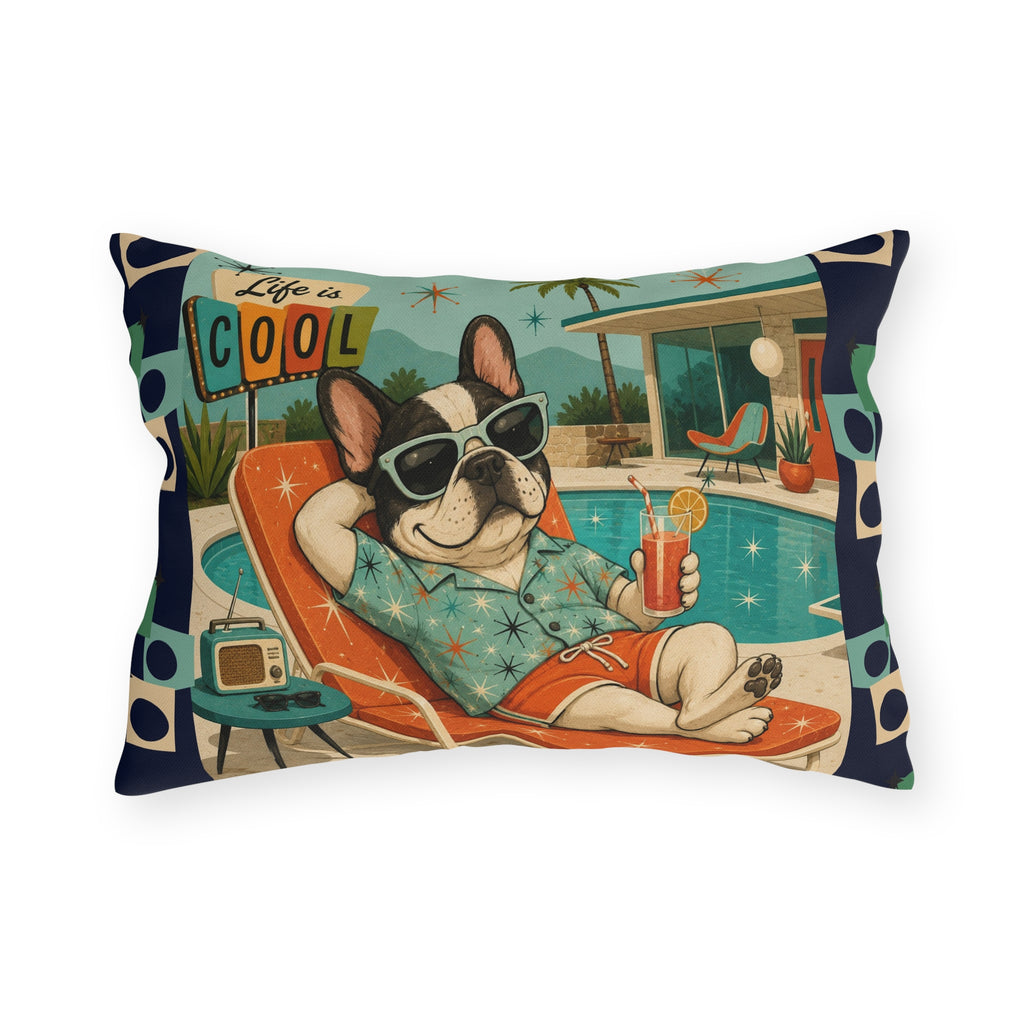 Retro French Bulldog Poolside Lounge Outdoor Pillow | Mid Century Cool