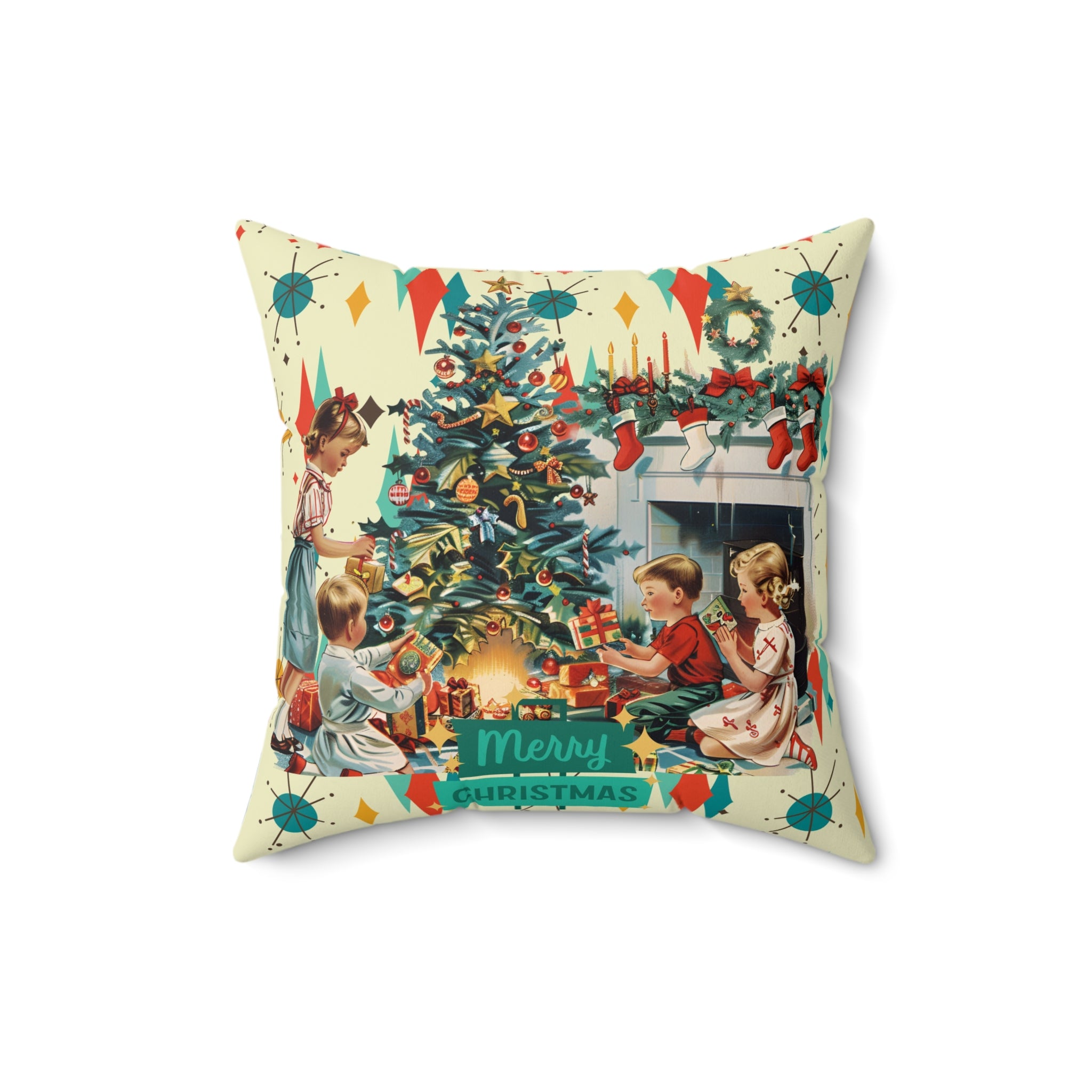 Merry Christmas pillow, Retro Vintage 50s Franciscan Diamond Starburst Kitsch Christmas Card Art Pillow, Retro Vintage 50s scatter cushion