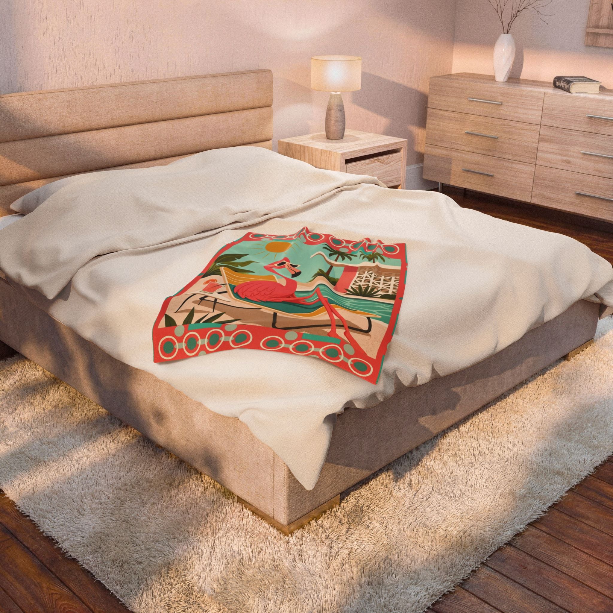 Retro Flamingo Poolside Velveteen Plush Blanket | Mid Century Tropical Design