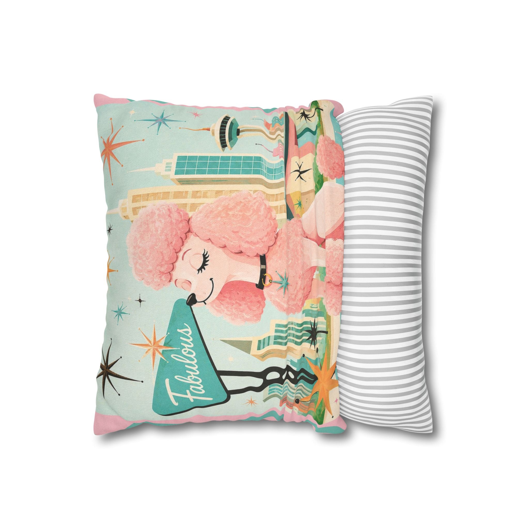 Fabulous Pink Poodle Pillowcase Spun Polyester Square Pillowcase | Retro Mid-Century Dog - COVER ONLY