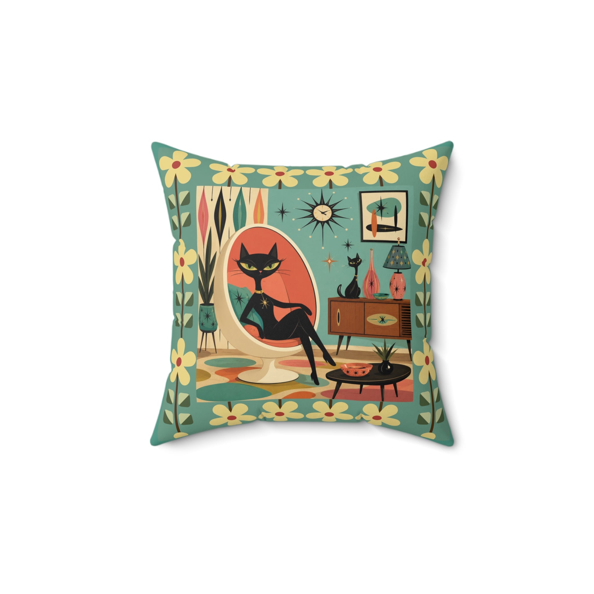 Mid Century Retro Atomic Black Cat in Egg chair Pillow | 1950s Vintage Living Room Decor