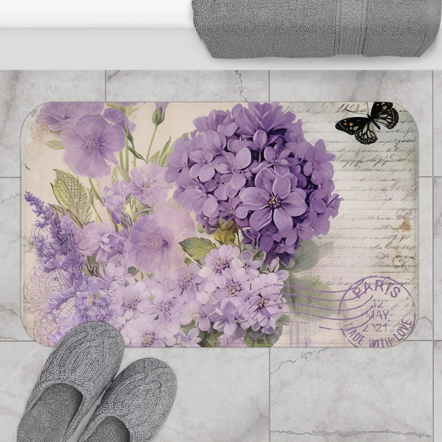 Purple lavender floral bathmat, country cottage, shabby chic style, vintage inspired, bathroom decor