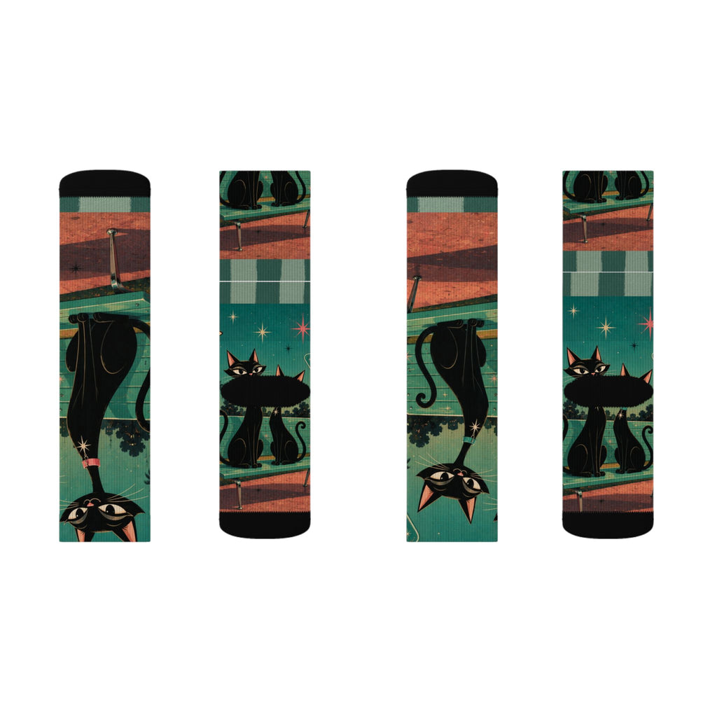Retro Atomic Black Cats Socks | Teal Night Cat Pattern Sublimation Socks