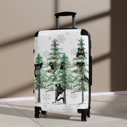 Happy holidays cute cat rolling travel Suitcase, pine trees, christmas carry on, christmas fall lumbar luggage