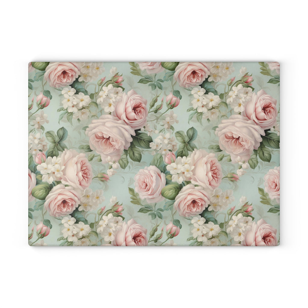 Vintage pink roses shabby chic inspired farmhouse county cottage glass cutting board