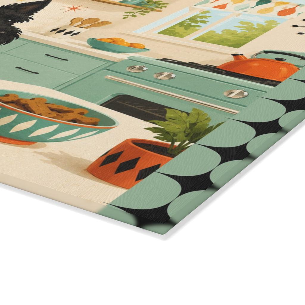 Retro Kitchen Scottish Terrier Glass Cutting Board | Mid Century Dog Art