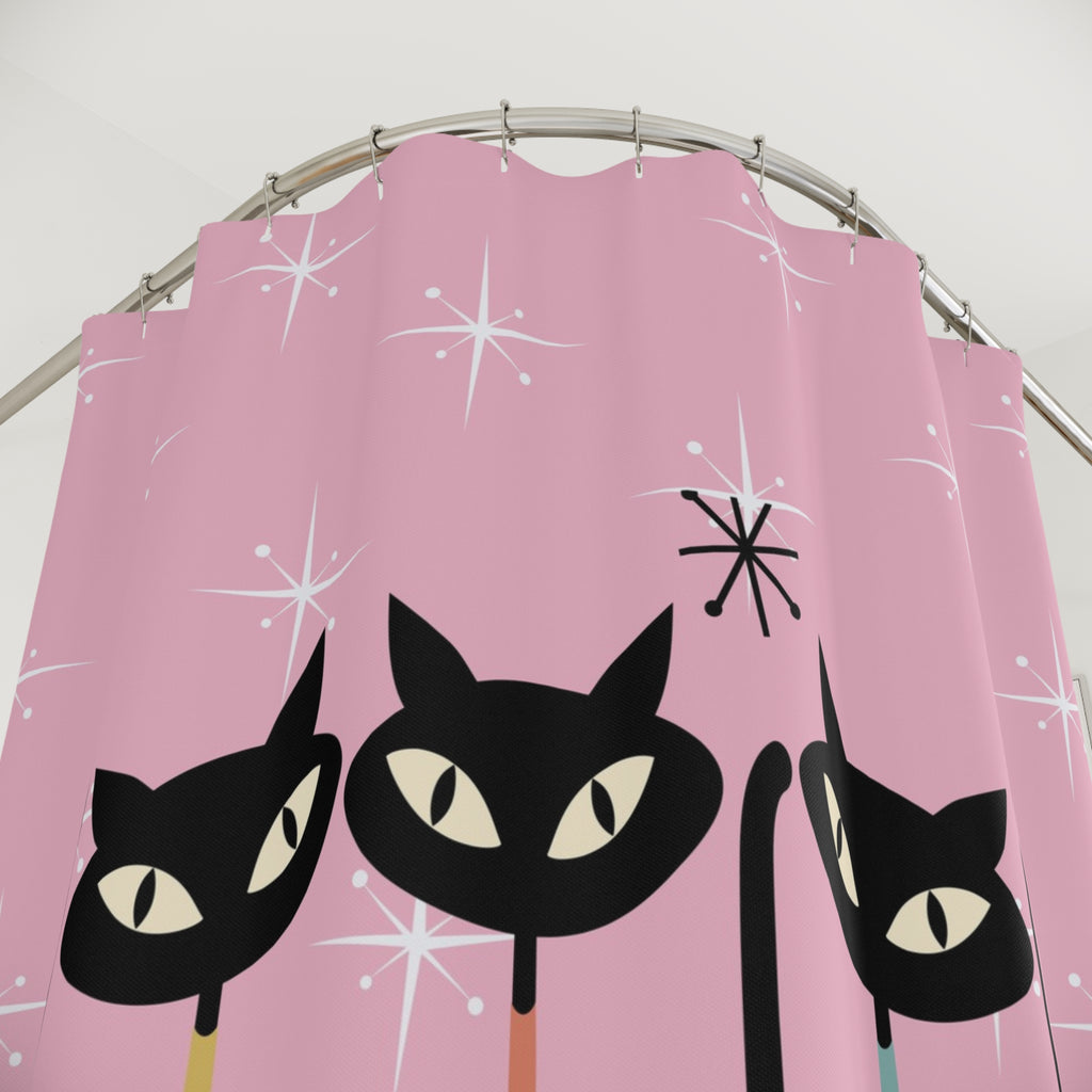 Atomic cat starburst pink Shower Curtain, retro bathroom, 50s 60s decor, black cat lover gift, cute bathtub or stall, Mid Century
