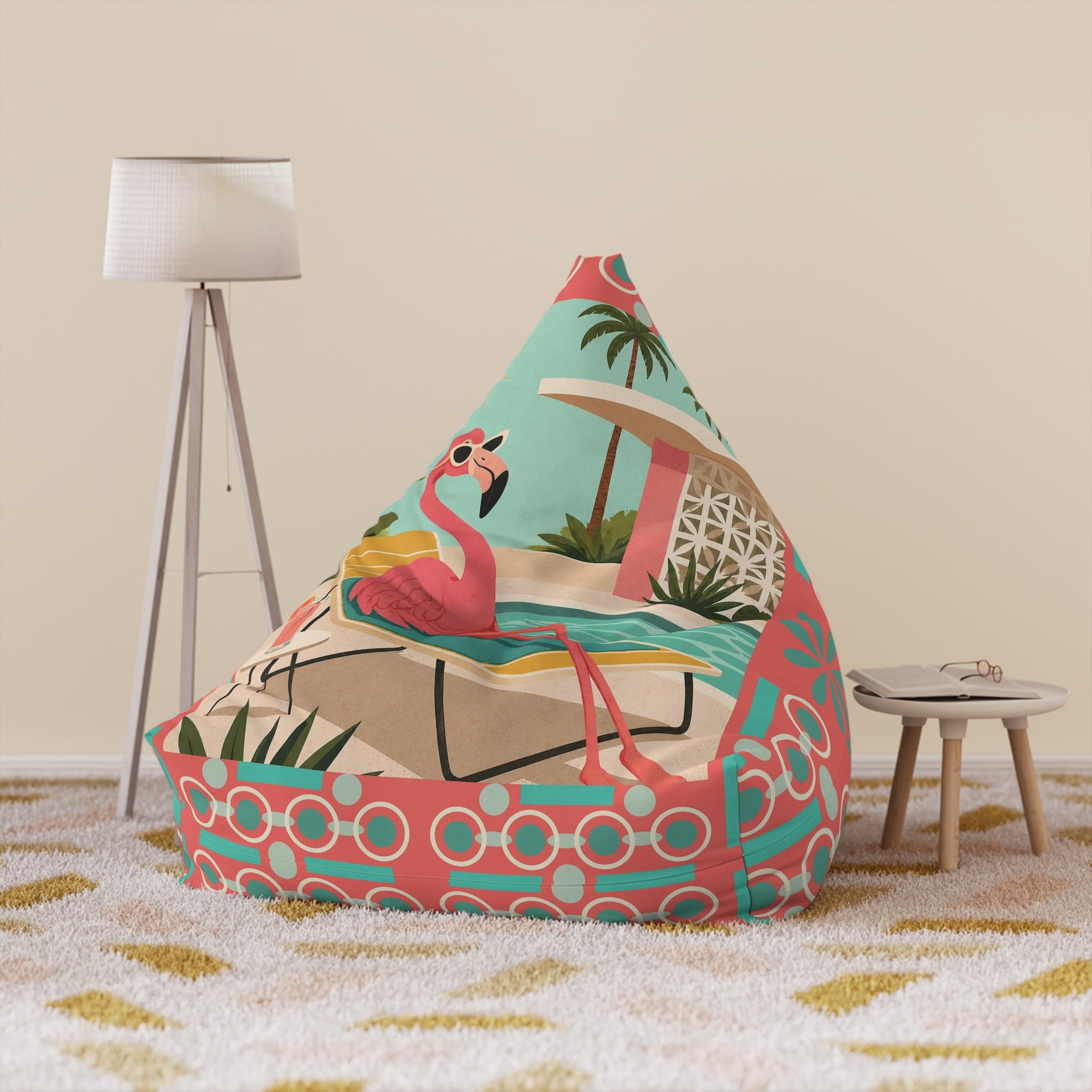 Tropical Pink Flamingo MCM Bean Bag Chair Cover | Retro Geometric Beach Print