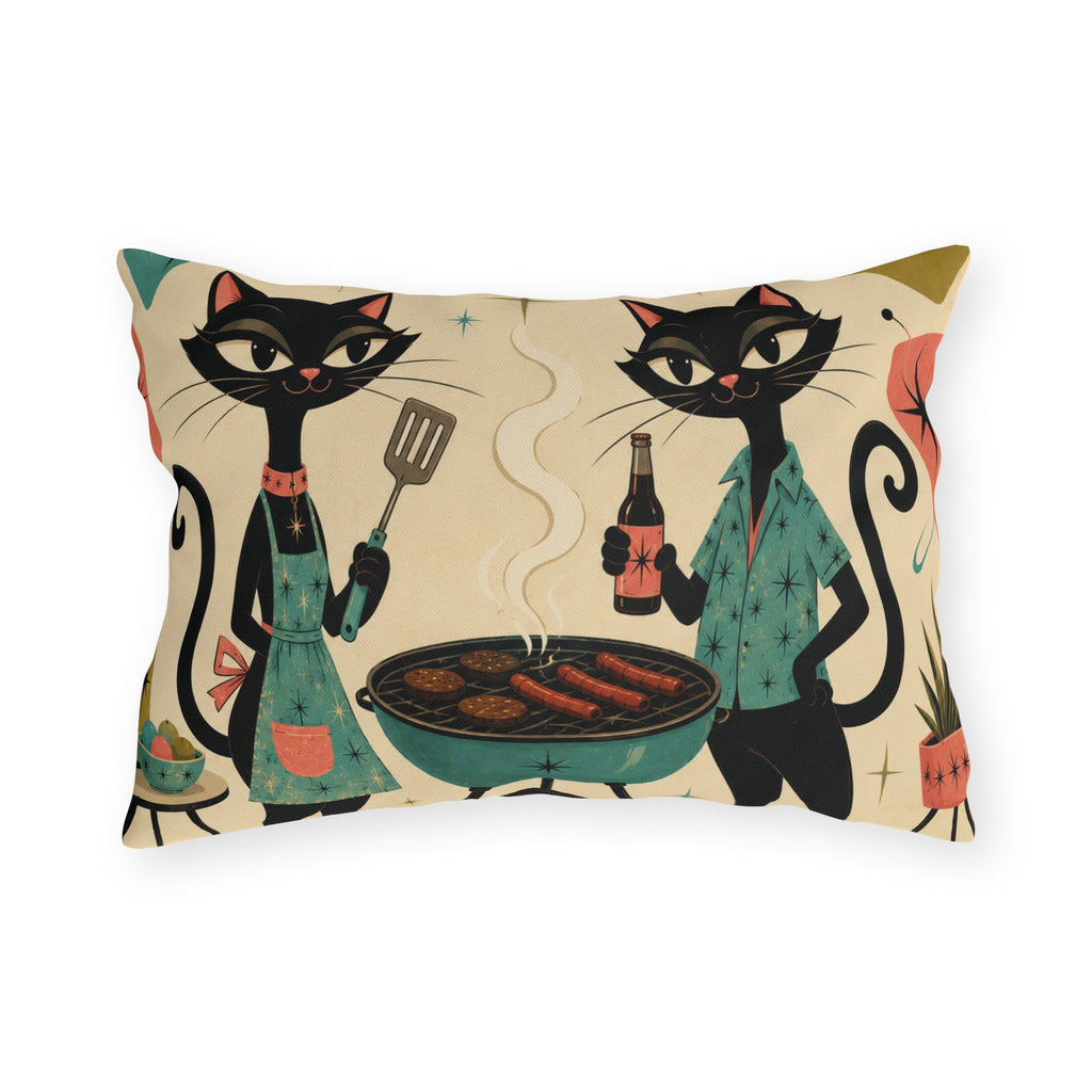 Retro Atomic Black Cats BBQ Outdoor Pillow | Mid Century Modern Cat Grill Decorative Cushion