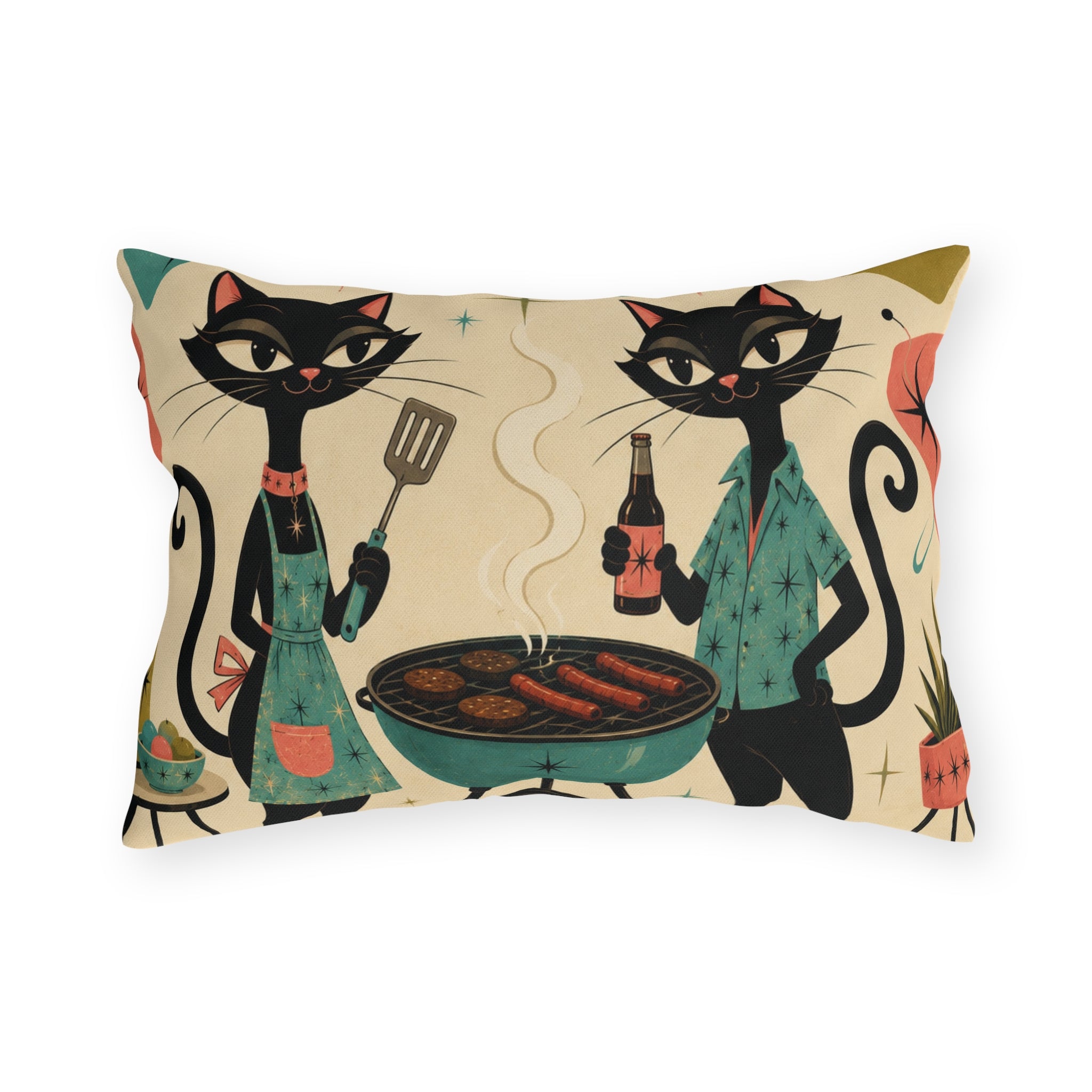 Retro Atomic Black Cats BBQ Outdoor Pillow | Mid Century Modern Cat Grill Decorative Cushion