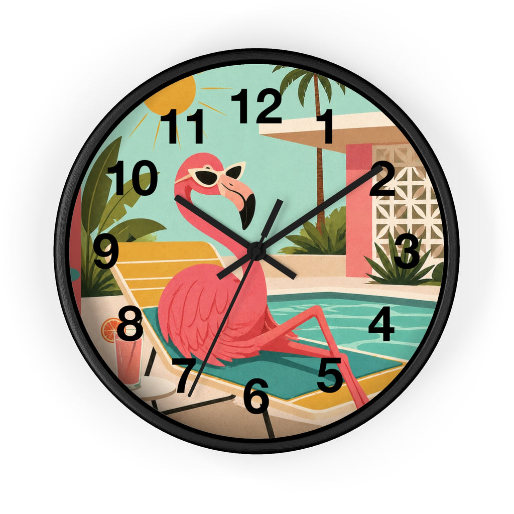 Retro Flamingo Poolside Wall Clock | Mid Century Tropical Illustration