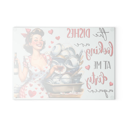 Vintage inspired Dirty dishes Glass Cutting Board, valentines gift, retro chopping board