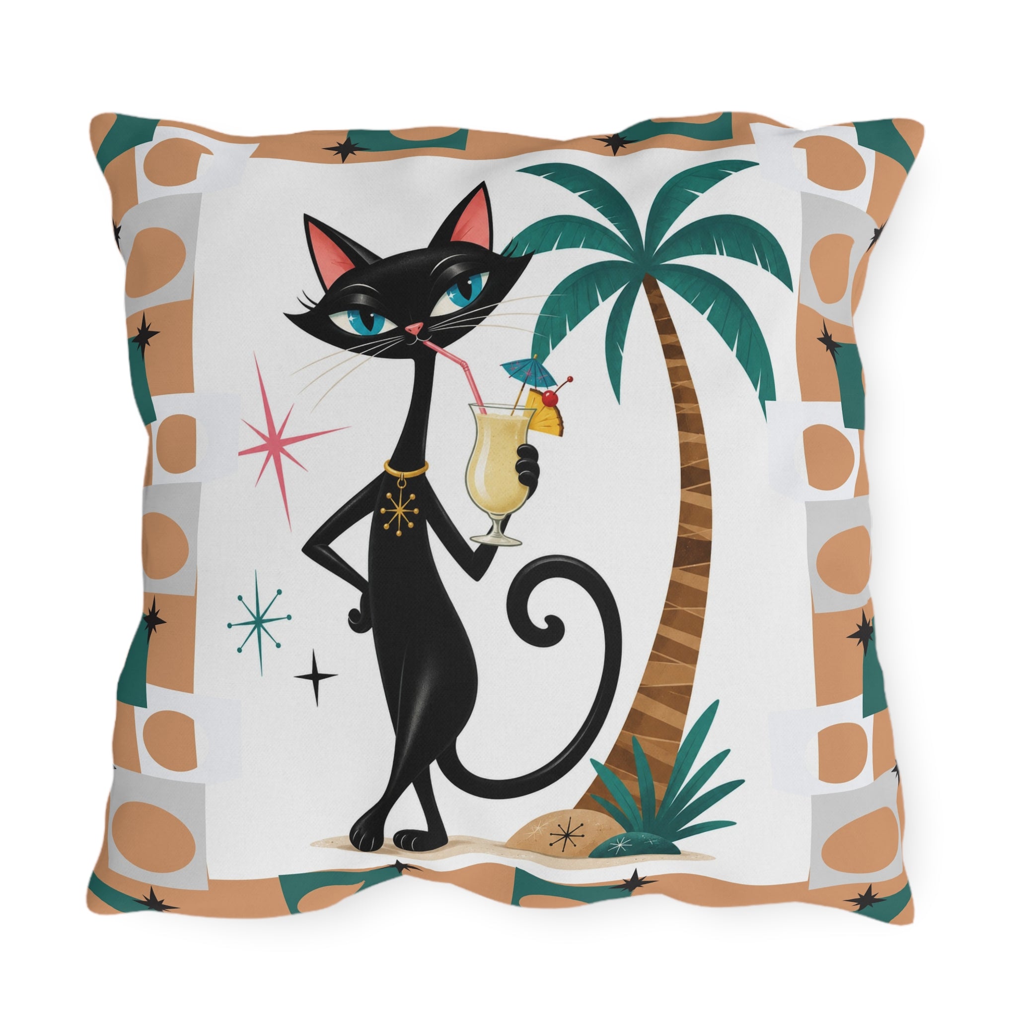 Retro Atomic Black Cat Tiki Outdoor Pillow | Palm Tree Cocktail Cushion
