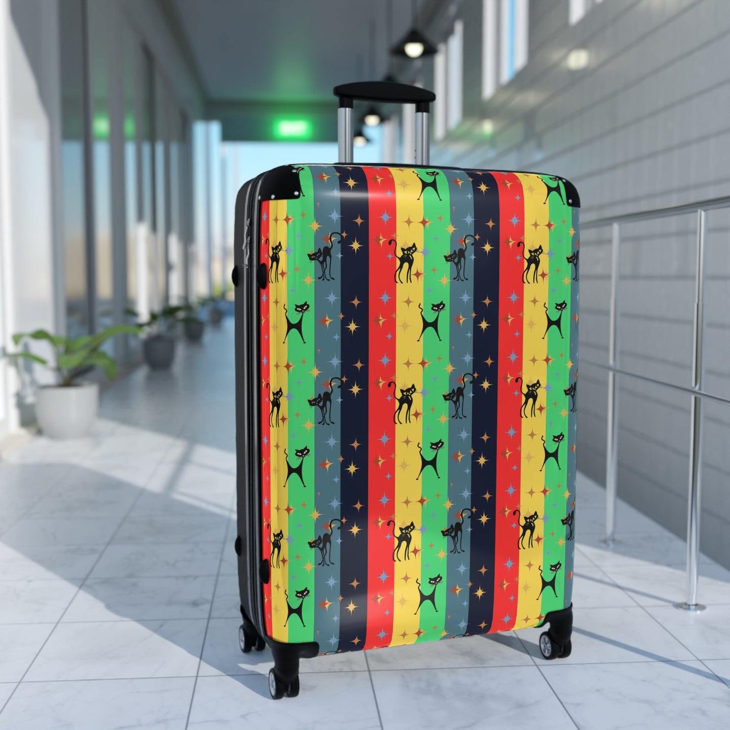 Colorful Atomic cat retro Suitcase, carry on luggage, MCM travel luggage, mid century modern, hard shell, lockable suitcase