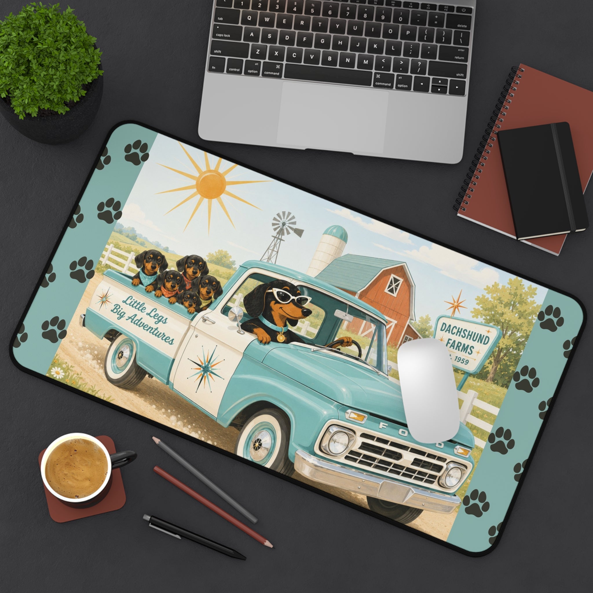 MCM Dachshund Farm Truck Desk Mat | Retro Puppy Road Trip Mouse Pad