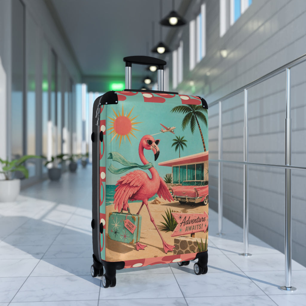 Retro MCM Flamingo fly away holiday Beach Scene Suitcase | Vintage Travel Print