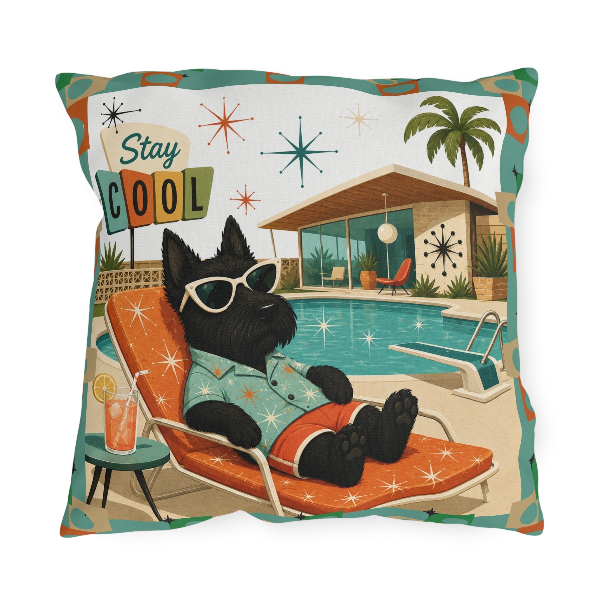 Retro Poolside Scottie Dog Stay Cool Outdoor Pillow | Mid Century Modern