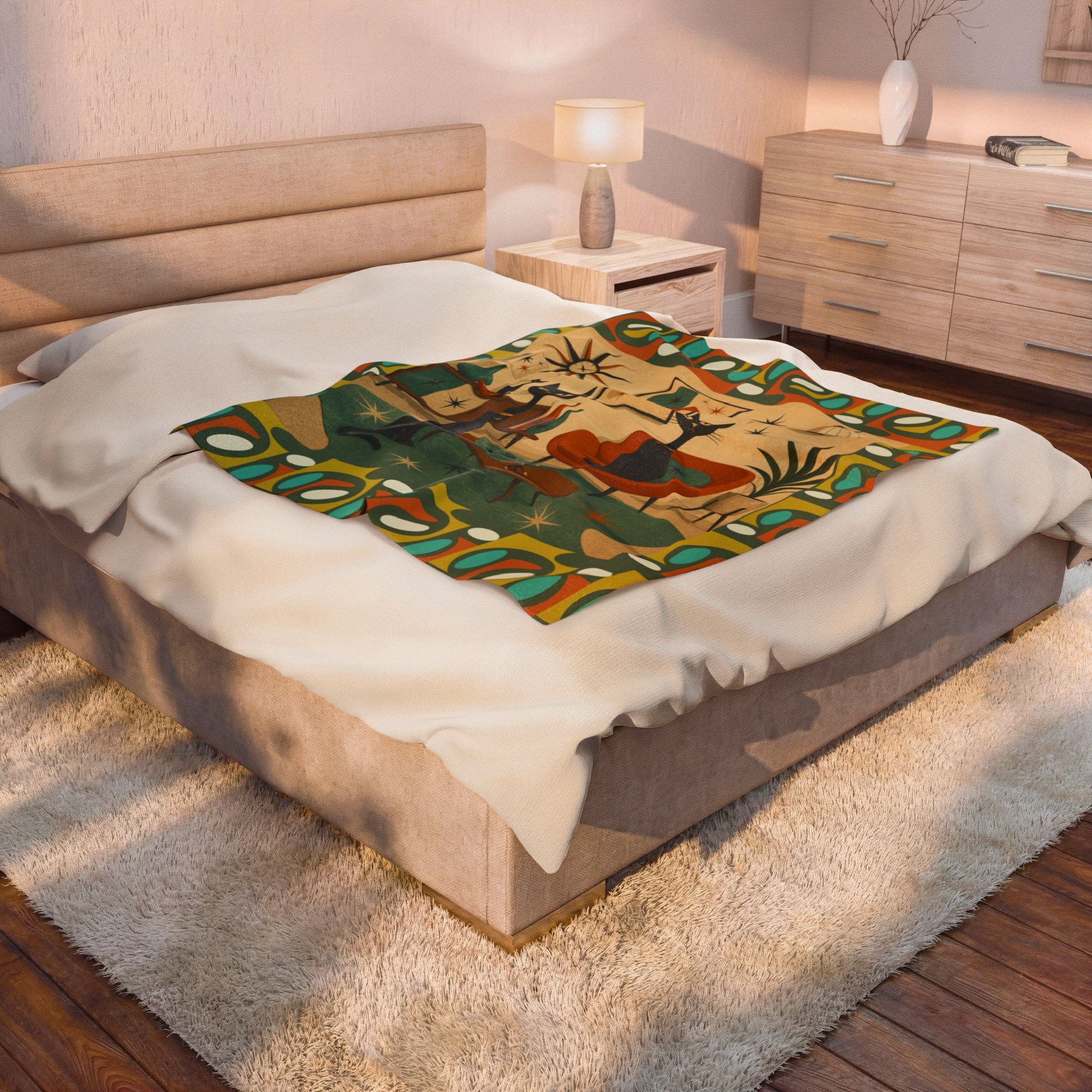 Mid Century Retro Atomic Black Cats Velveteen Plush Blanket | Vintage Atomic Living Room