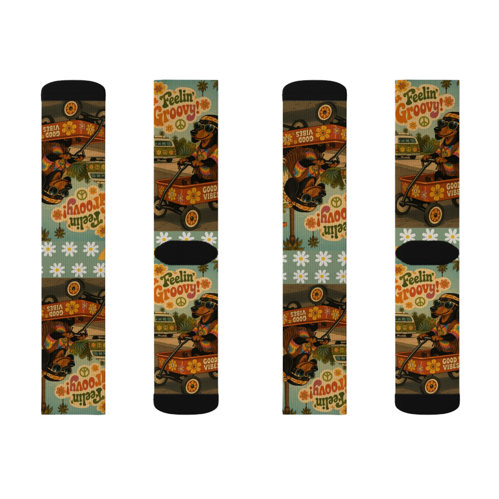 Feelin' Groovy Retro Dachshund Illustration Socks | Vintage Hippie Floral Pattern