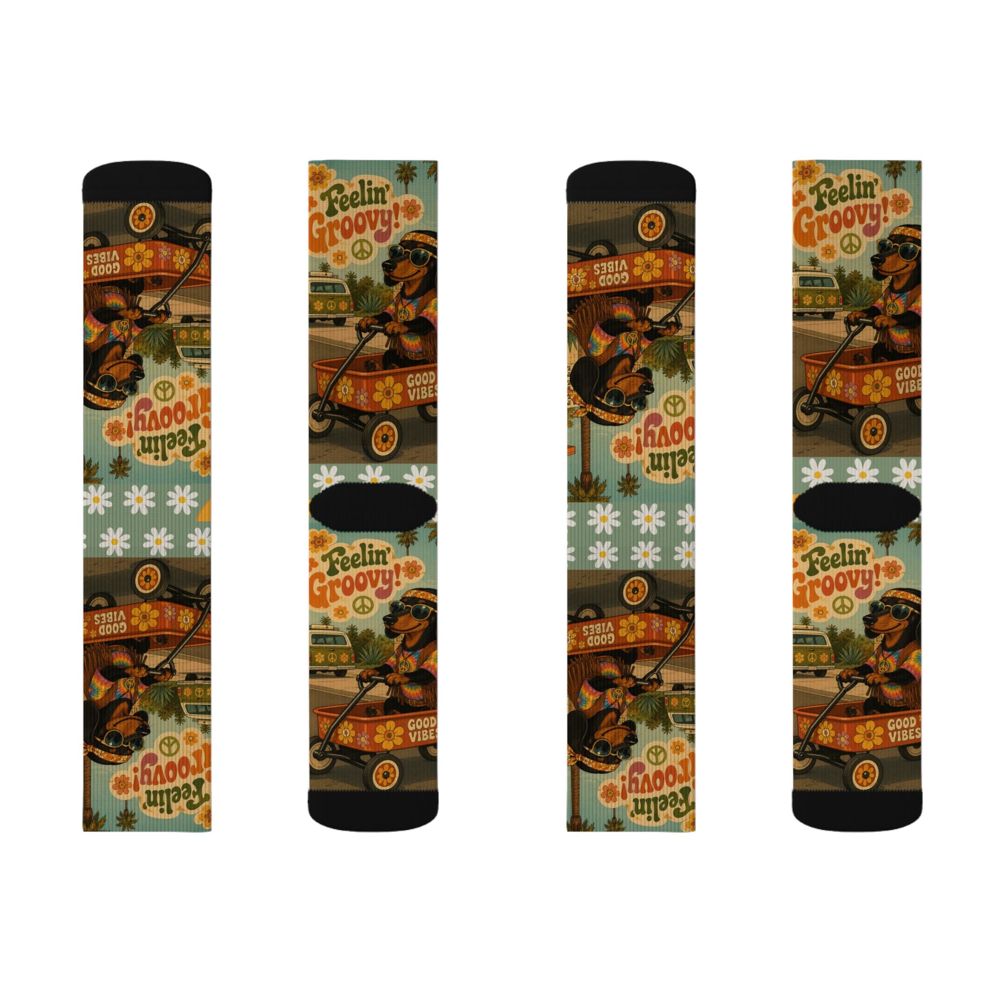 Feelin' Groovy Retro Dachshund Illustration Socks | Vintage Hippie Floral Pattern