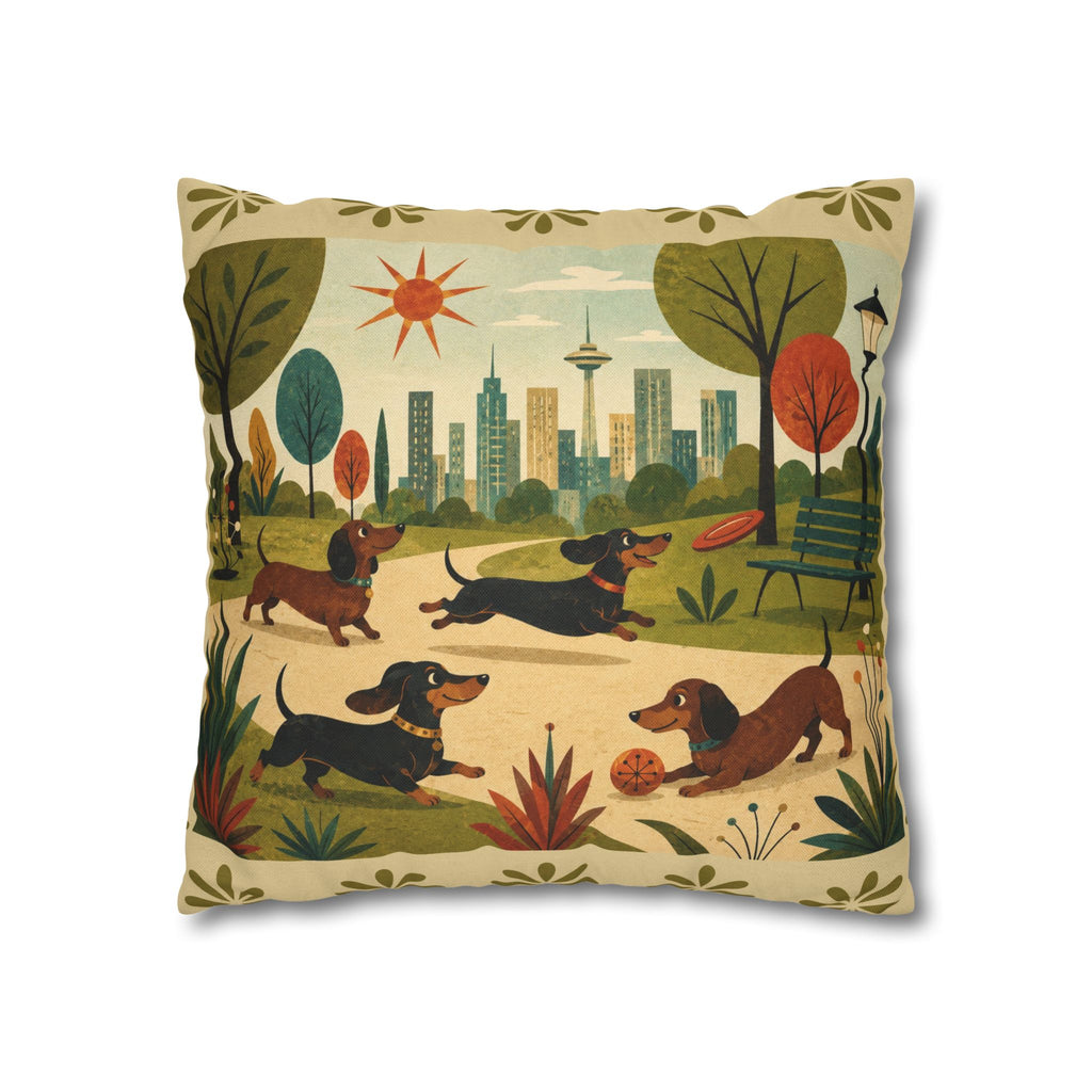MCM Dachshund Park Scene Pillowcase | Square Decorative Throw Pillowcase - COVER ONLY