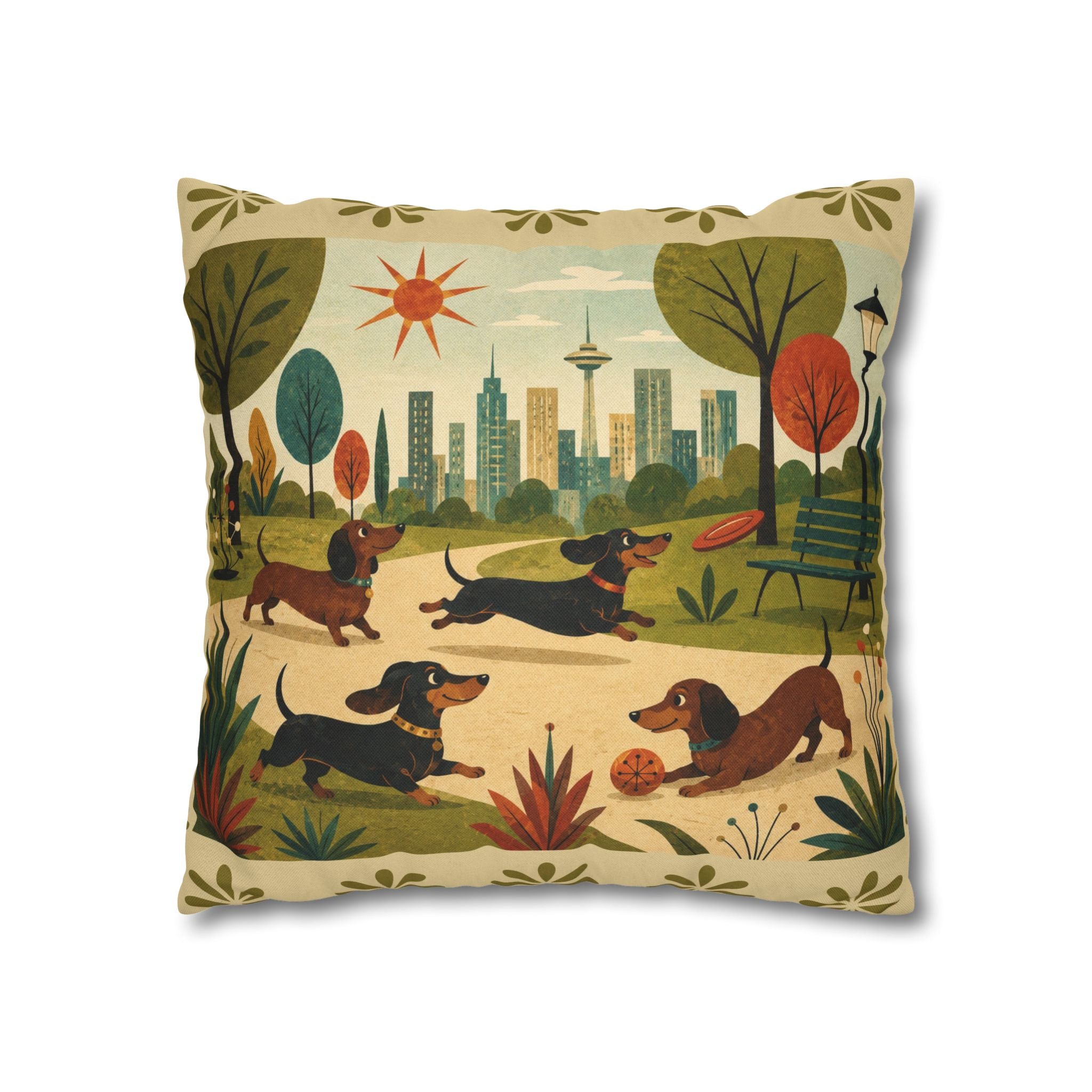 MCM Dachshund Park Scene Pillowcase | Square Decorative Throw Pillowcase - COVER ONLY