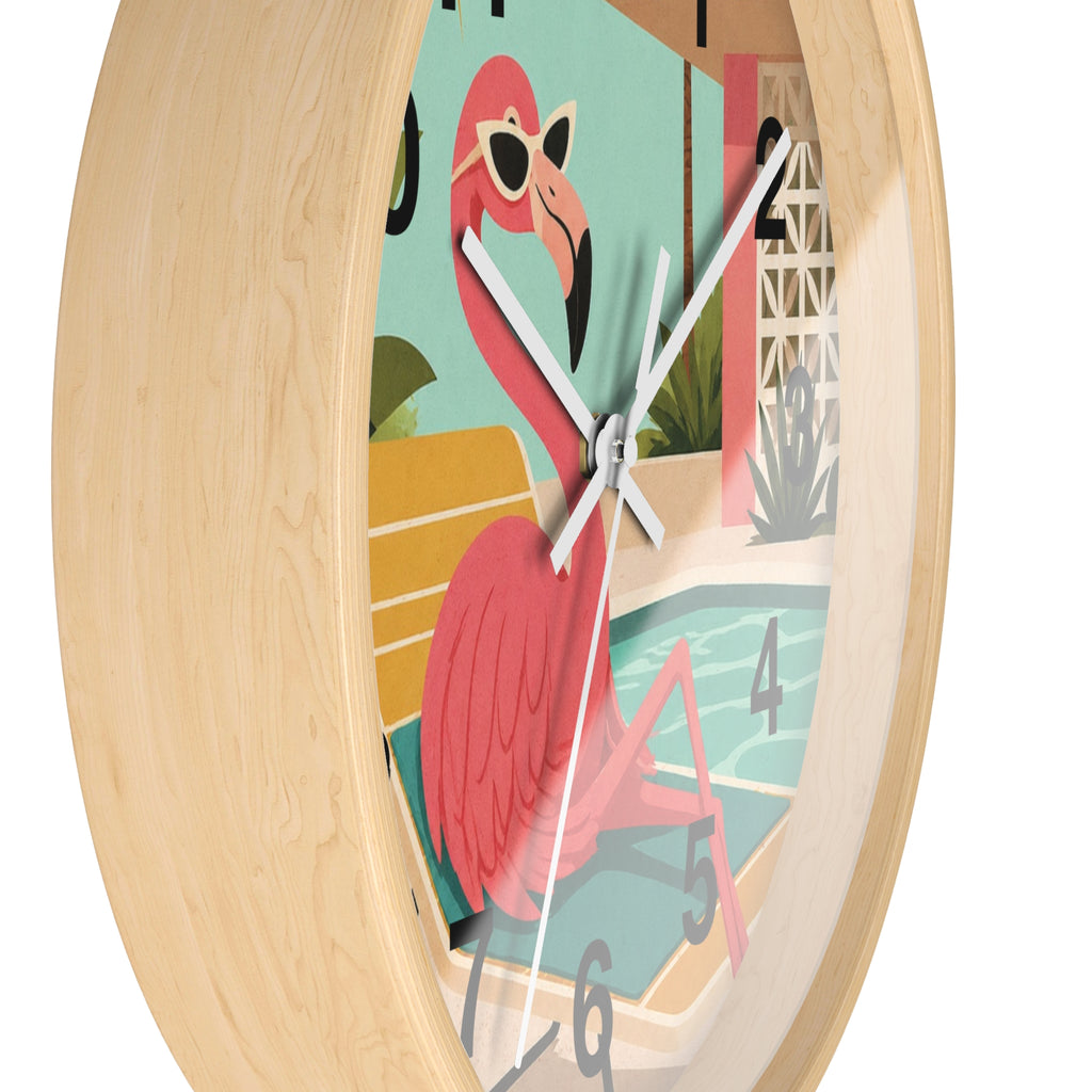 Retro Flamingo Poolside Wall Clock | Mid Century Tropical Illustration